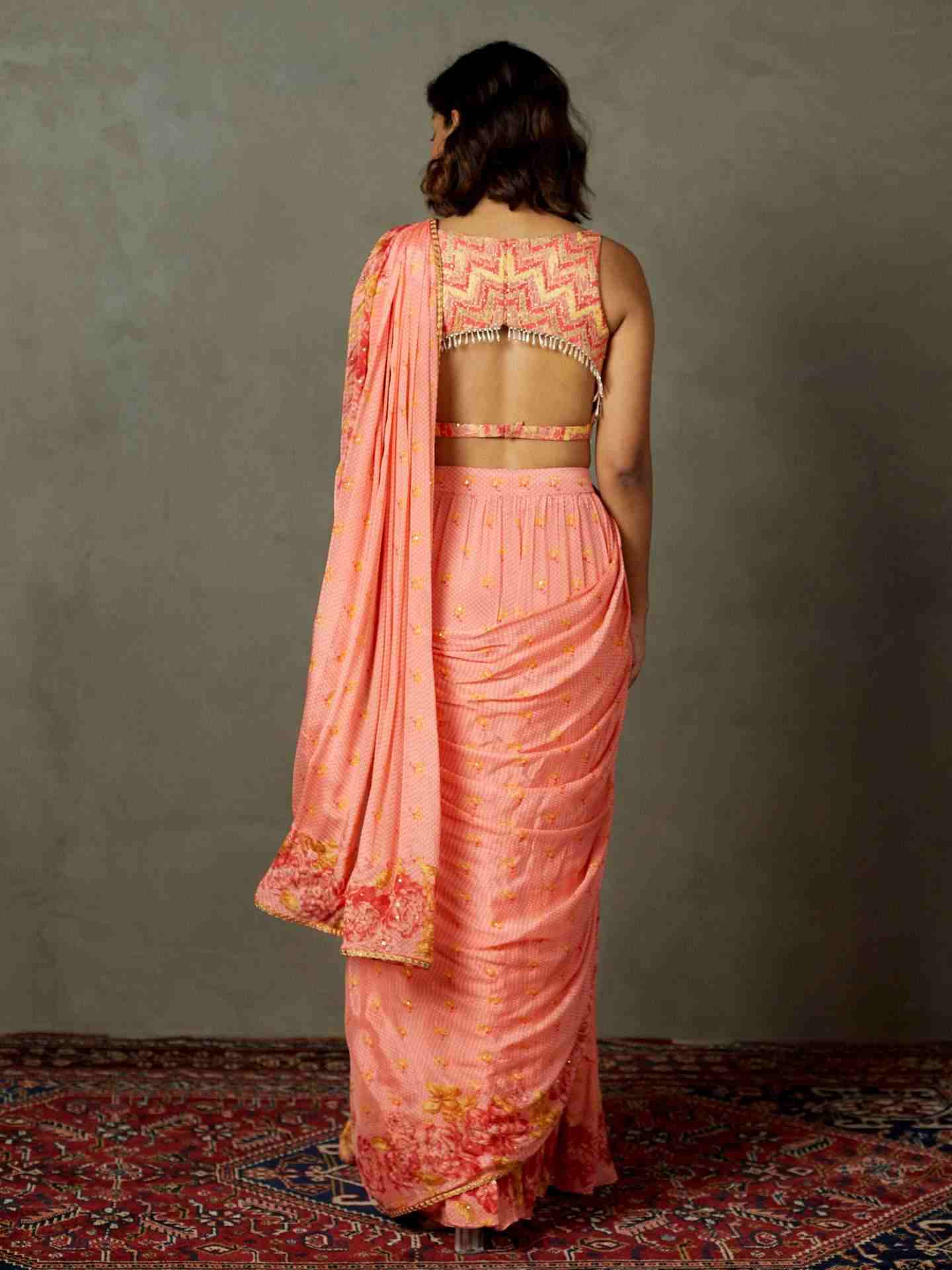 Coral Blue Rose Pre-Draped Saree