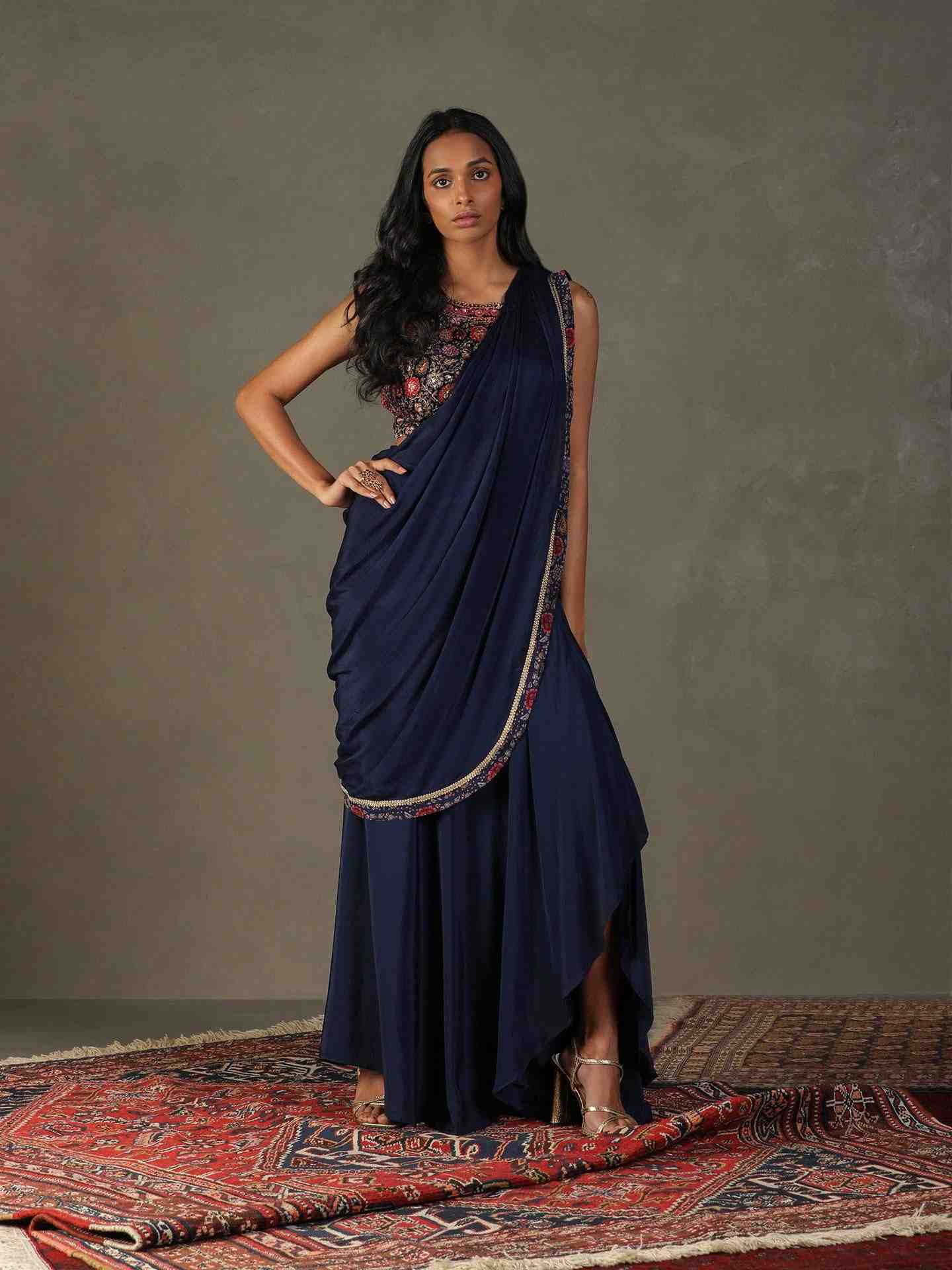 Midnight Blue Zergul Pre-Draped Saree