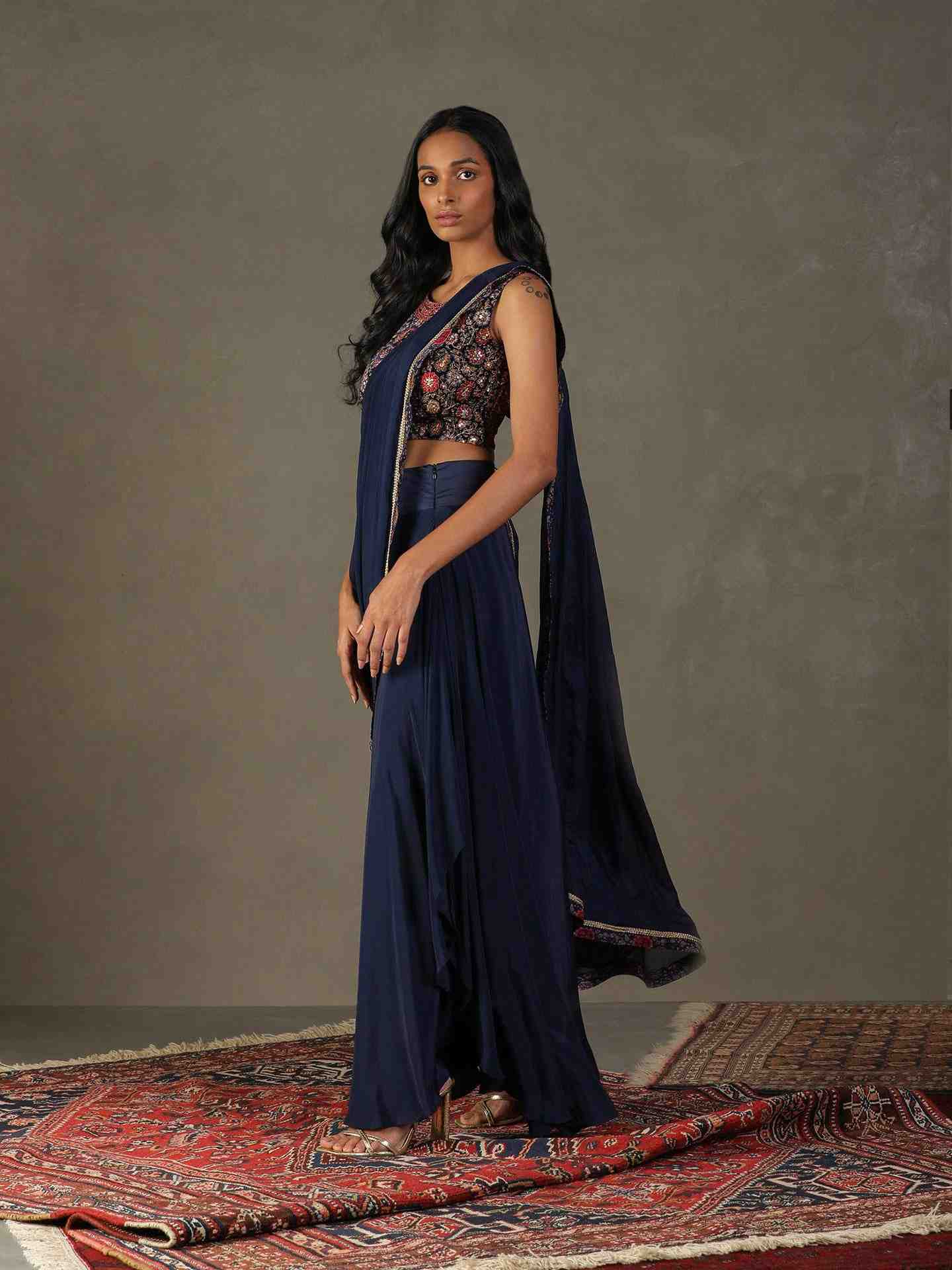 Midnight Blue Zergul Pre-Draped Saree