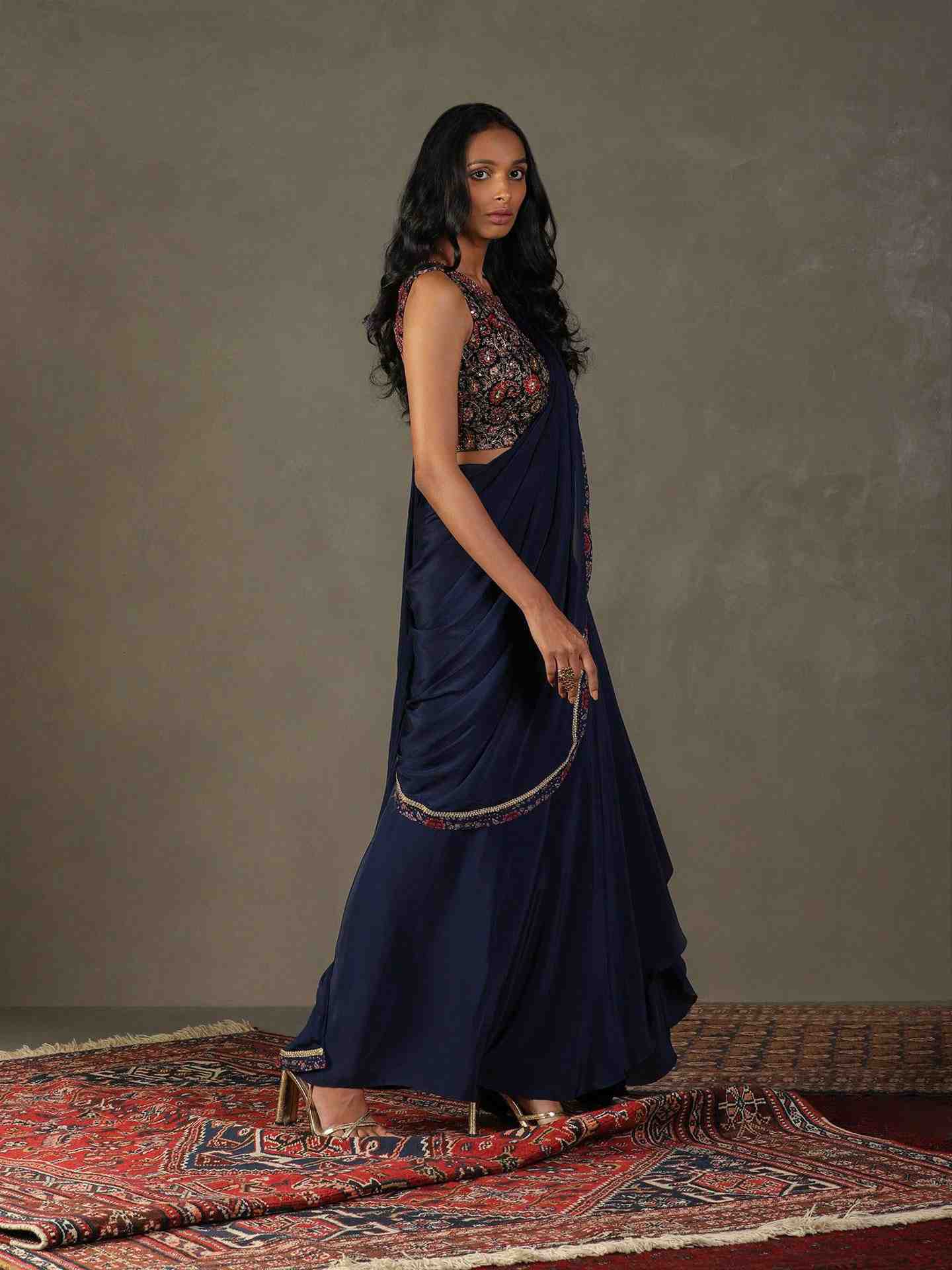 Midnight Blue Zergul Pre-Draped Saree