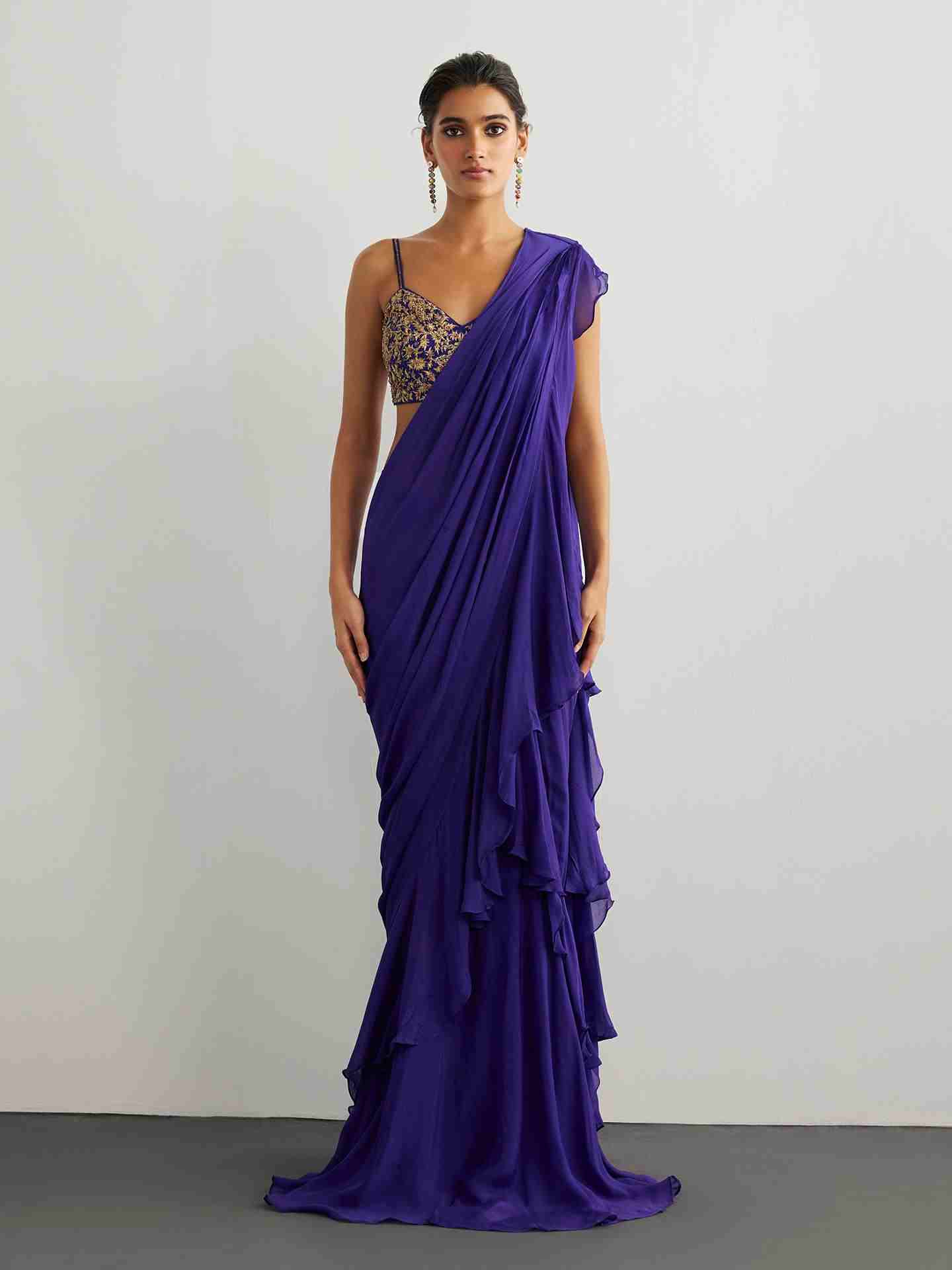 Purple & Gold Alaknanda Drape Saree - RI RITU KUMAR