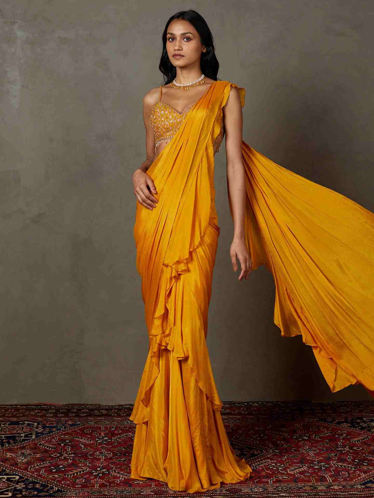 Mustard Yellow Iraa Pre-Draped Saree