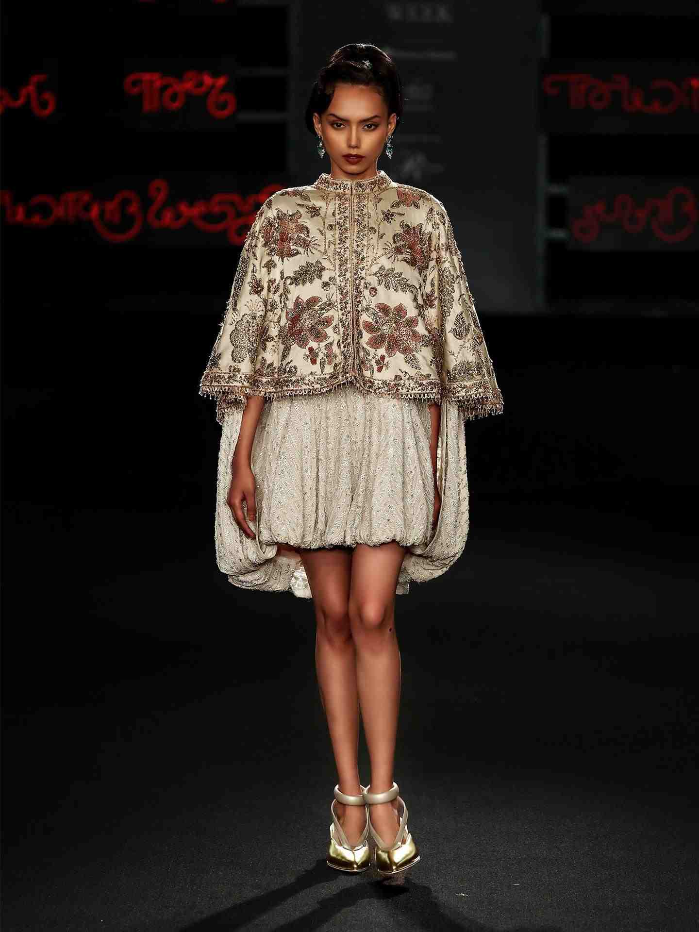 Off White Tree Of Life Dress With Cape
