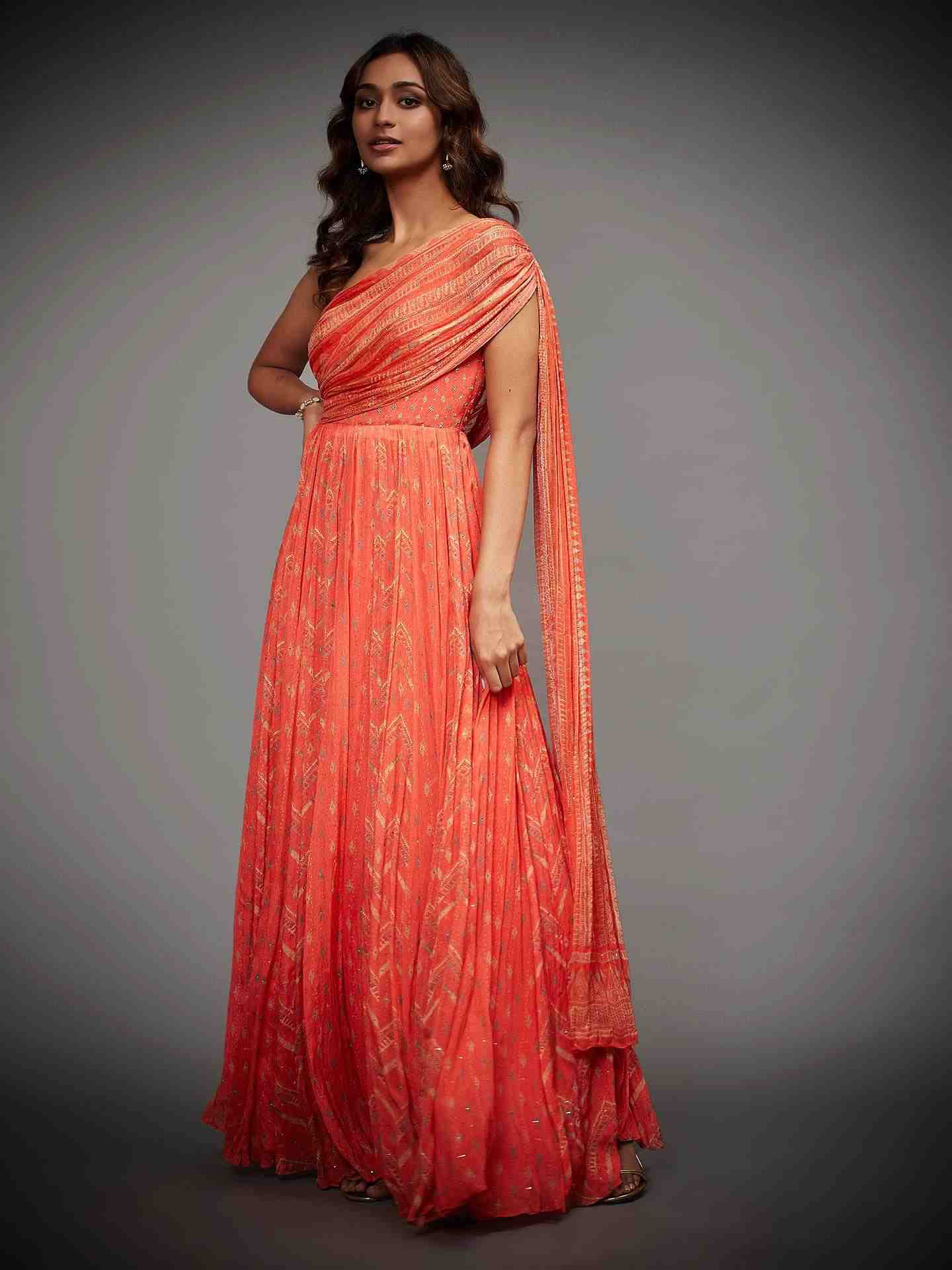 Coral & Multi Rabari Gown