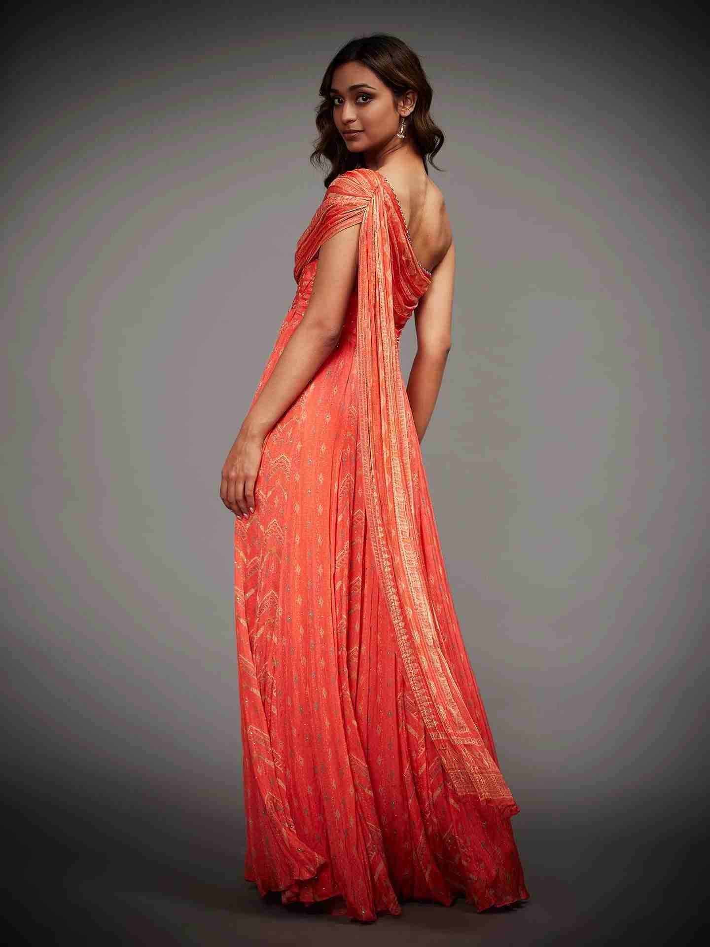 Coral & Multi Rabari Gown