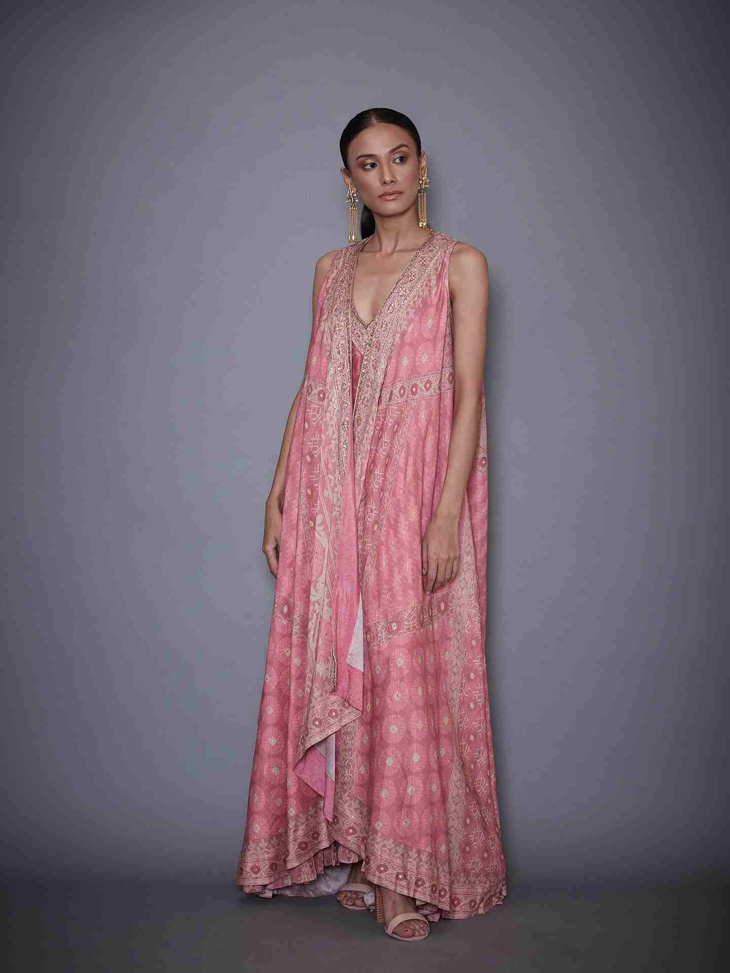 Pastel Pink & Beige Kanakanjali Dress With Jacket