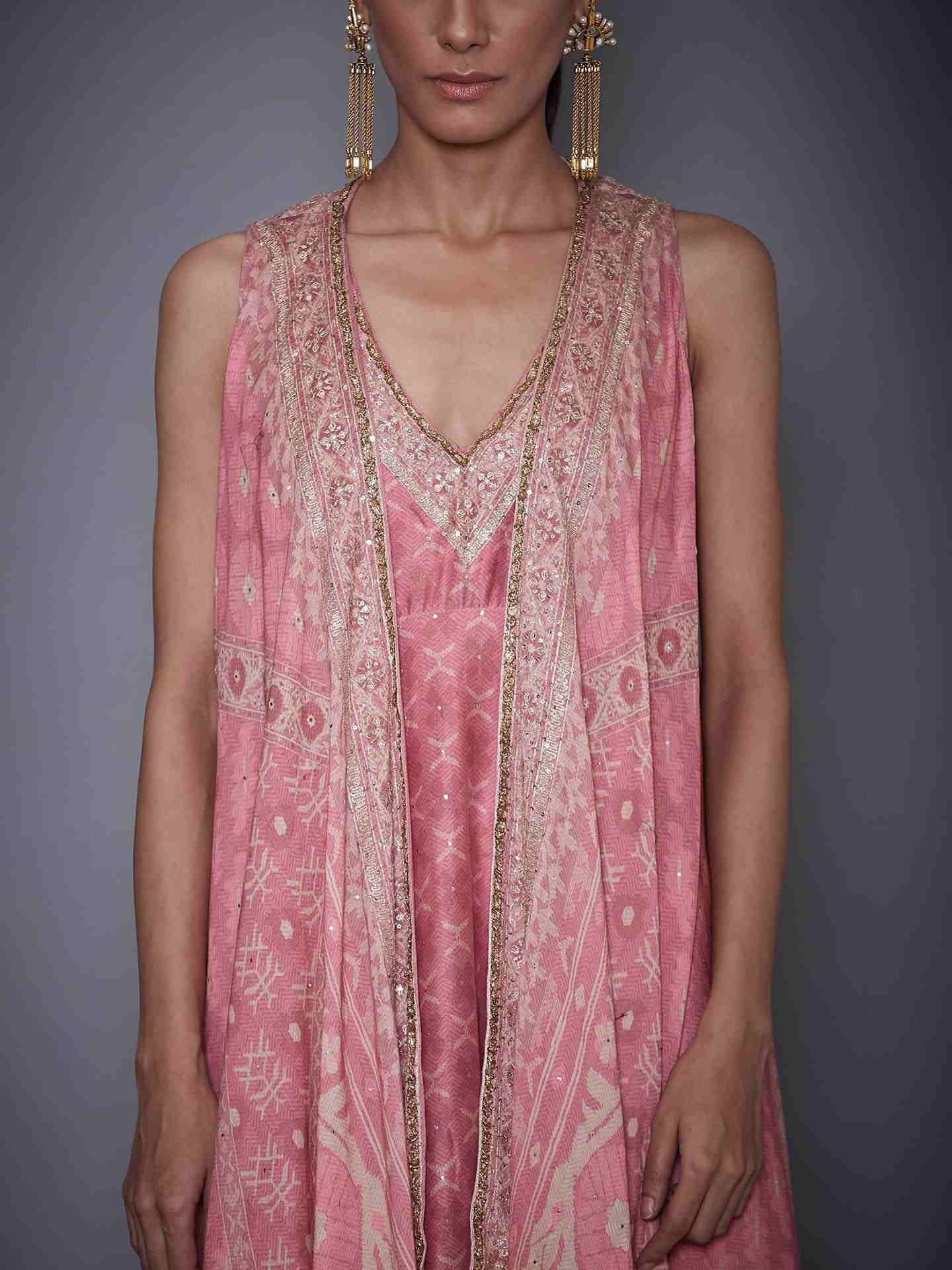 Pastel Pink & Beige Kanakanjali Dress With Jacket