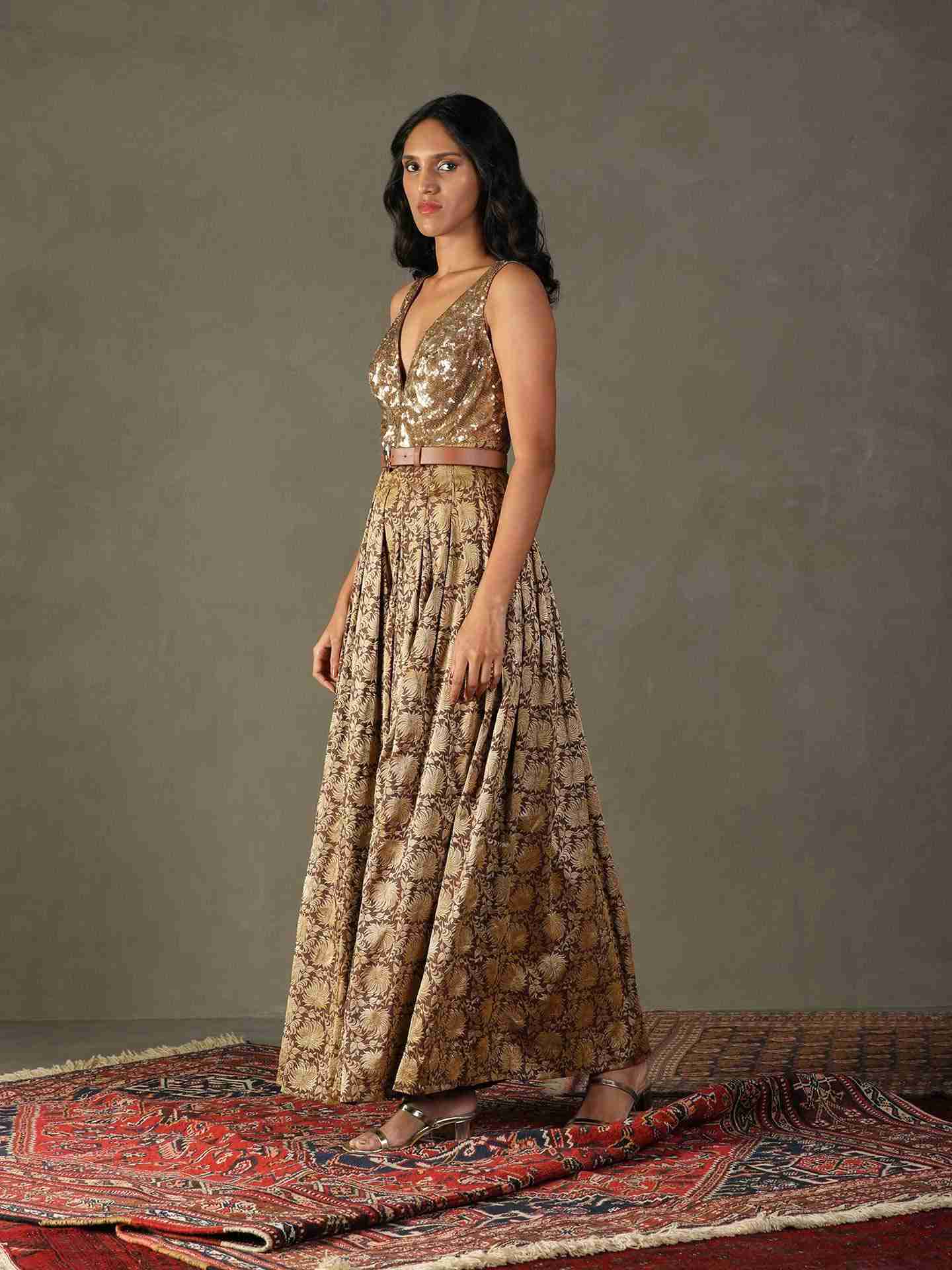 Cocoa Brown & Gold Rudraksh Jumpsuit