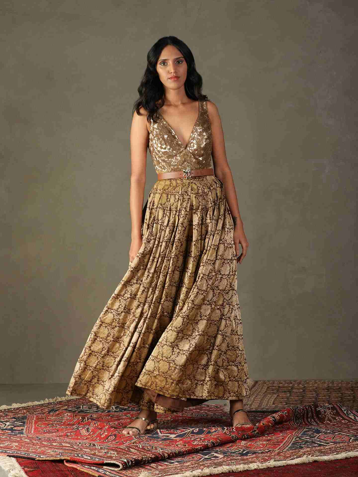 Cocoa Brown & Gold Rudraksh Jumpsuit