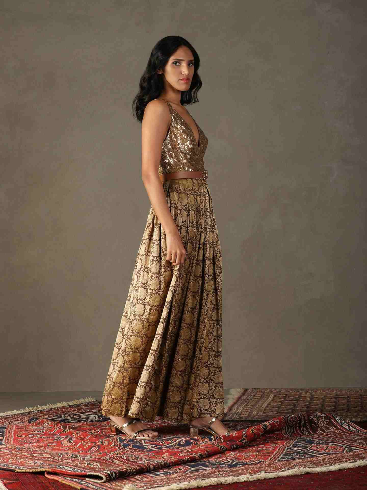 Cocoa Brown & Gold Rudraksh Jumpsuit