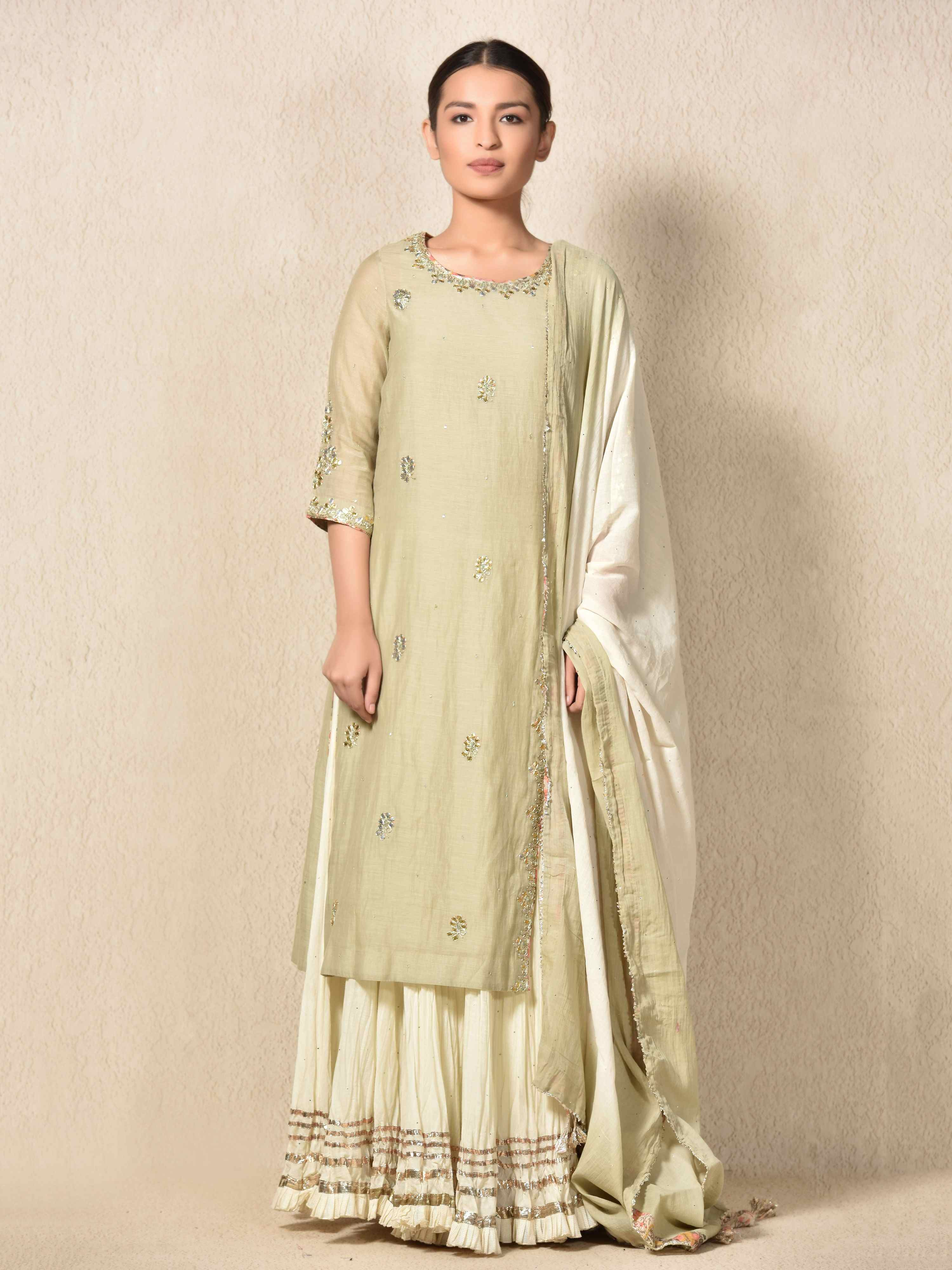 Mint & Ivory Gota Embroidered Kurta With Dupatta And Skirt