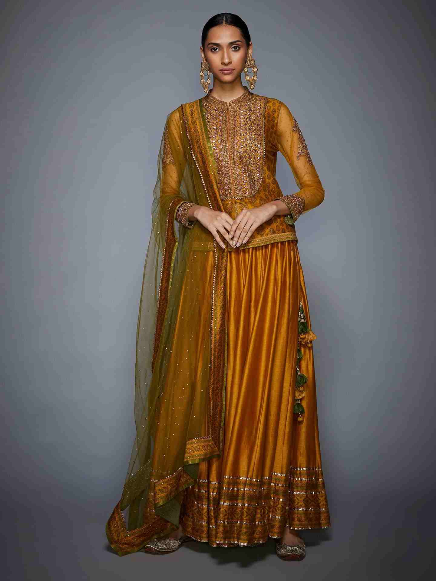 Mustard & Olive Green Kalash Gota Skirt Set