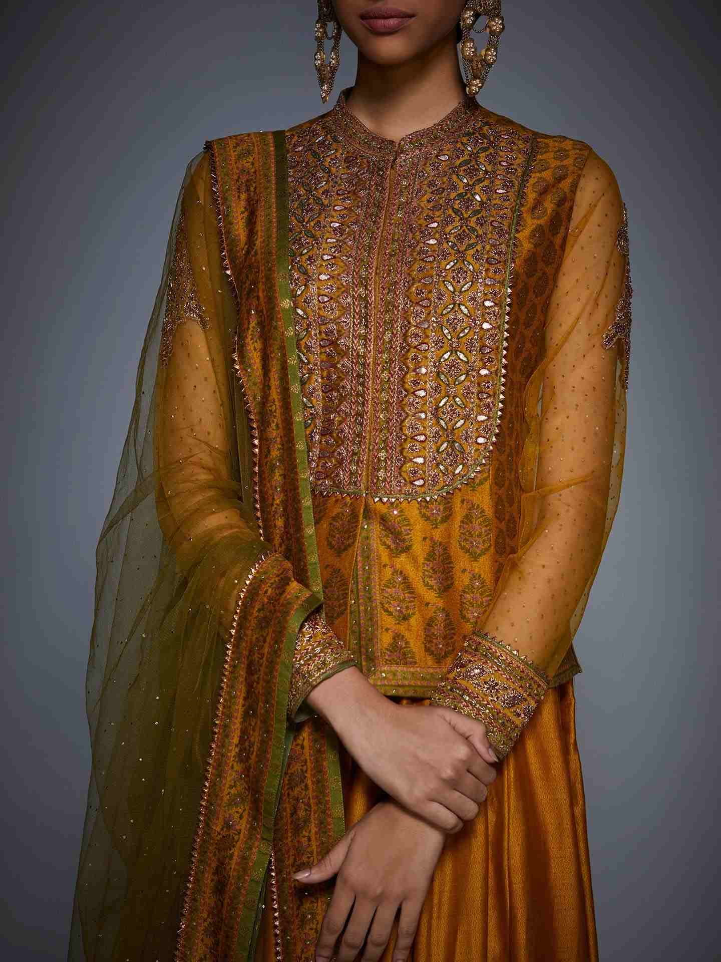Mustard & Olive Green Kalash Gota Skirt Set
