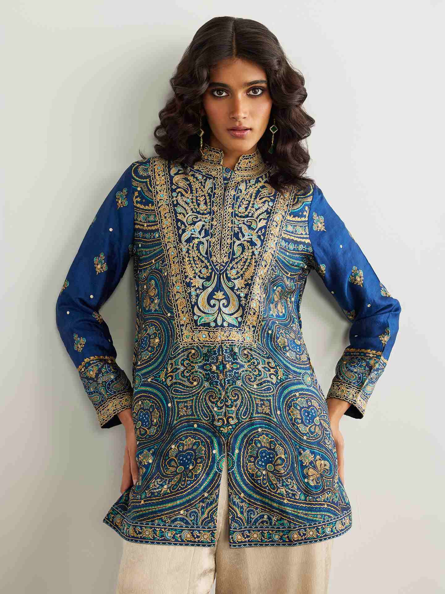 Blue & Beige Brocade Jamawar Kurti