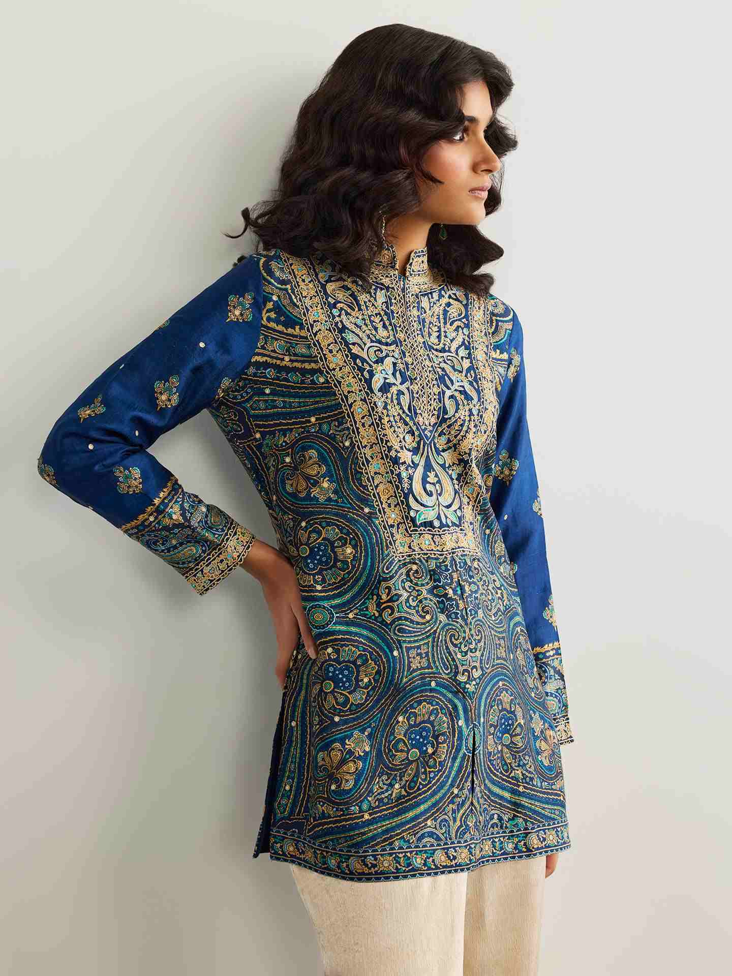 Blue & Beige Brocade Jamawar Kurti