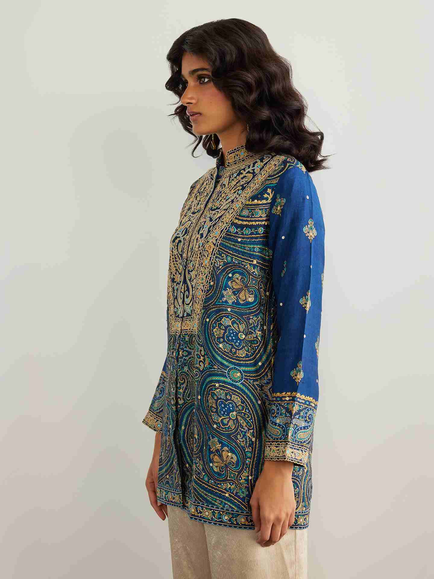 Blue & Beige Brocade Jamawar Kurti