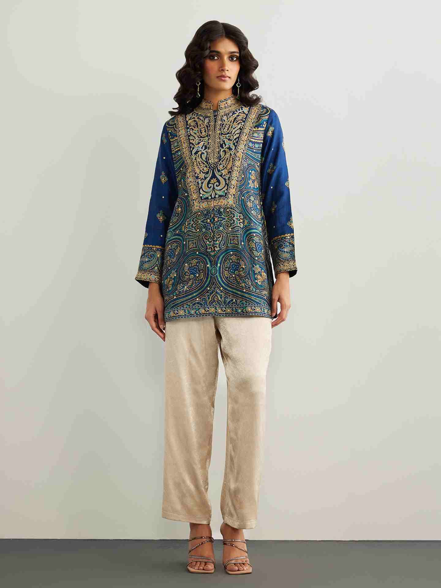 Blue & Beige Brocade Jamawar Kurti