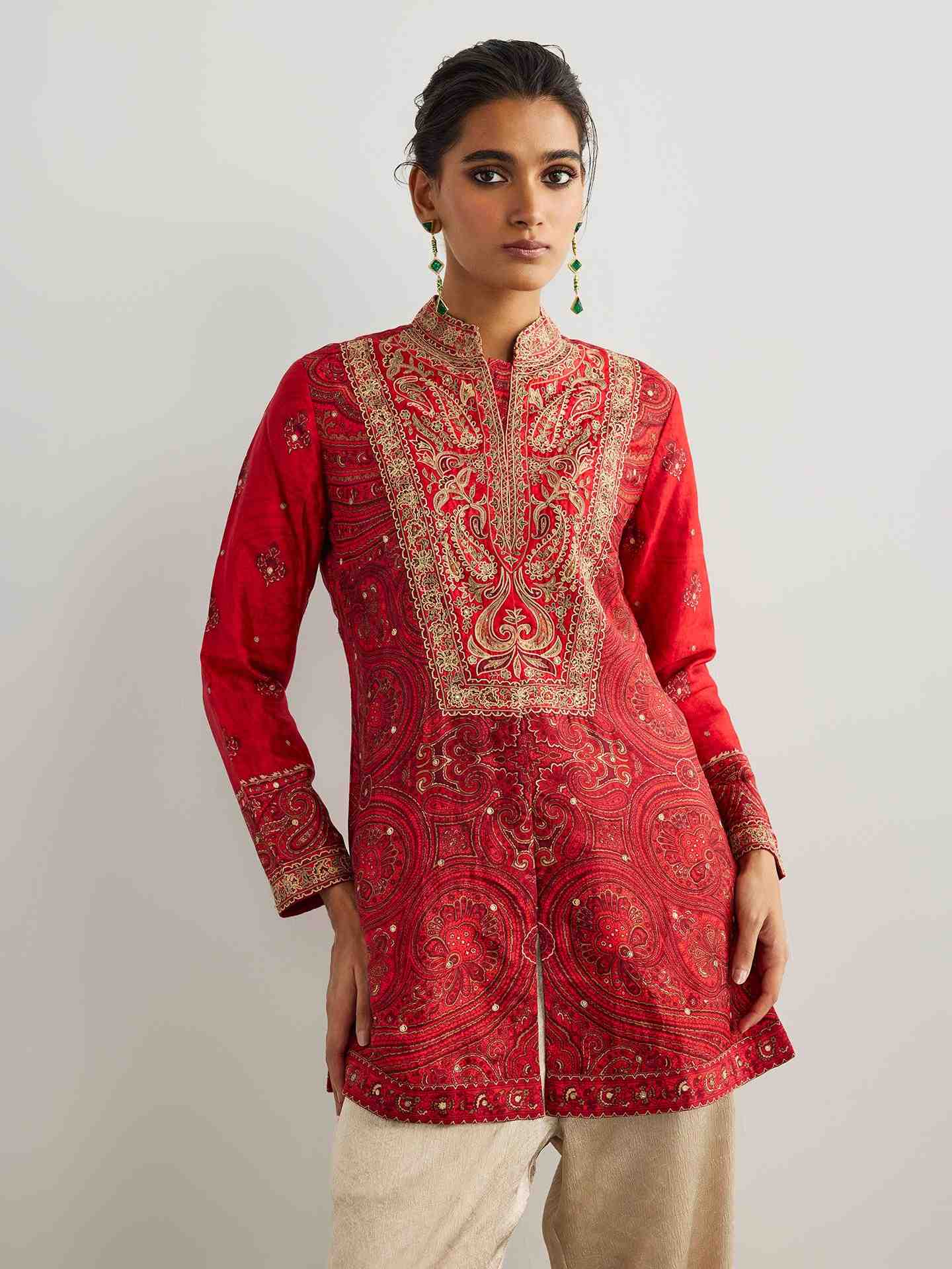 Red & Beige Brocade Jamawar Kurti