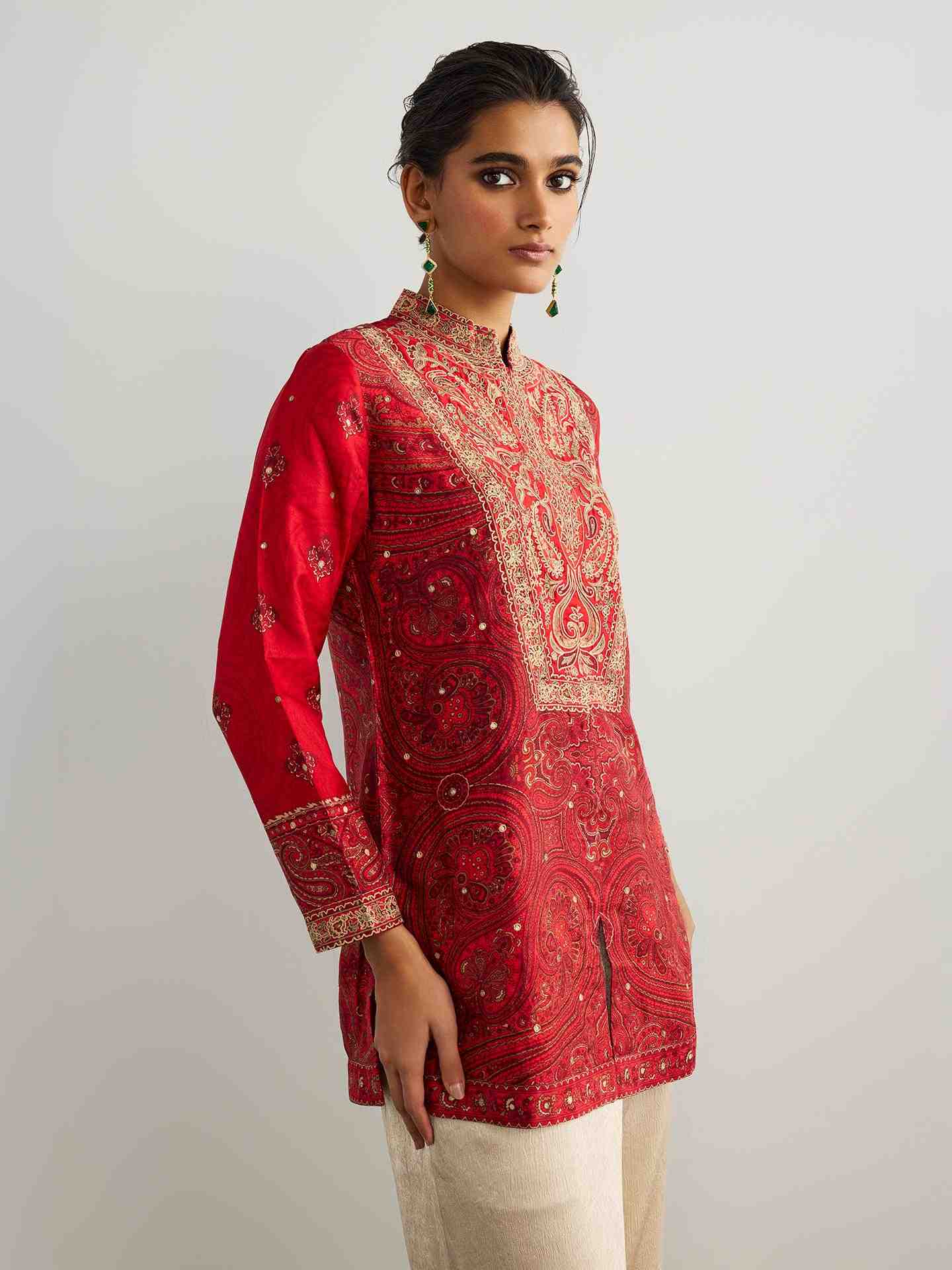 Red & Beige Brocade Jamawar Kurti