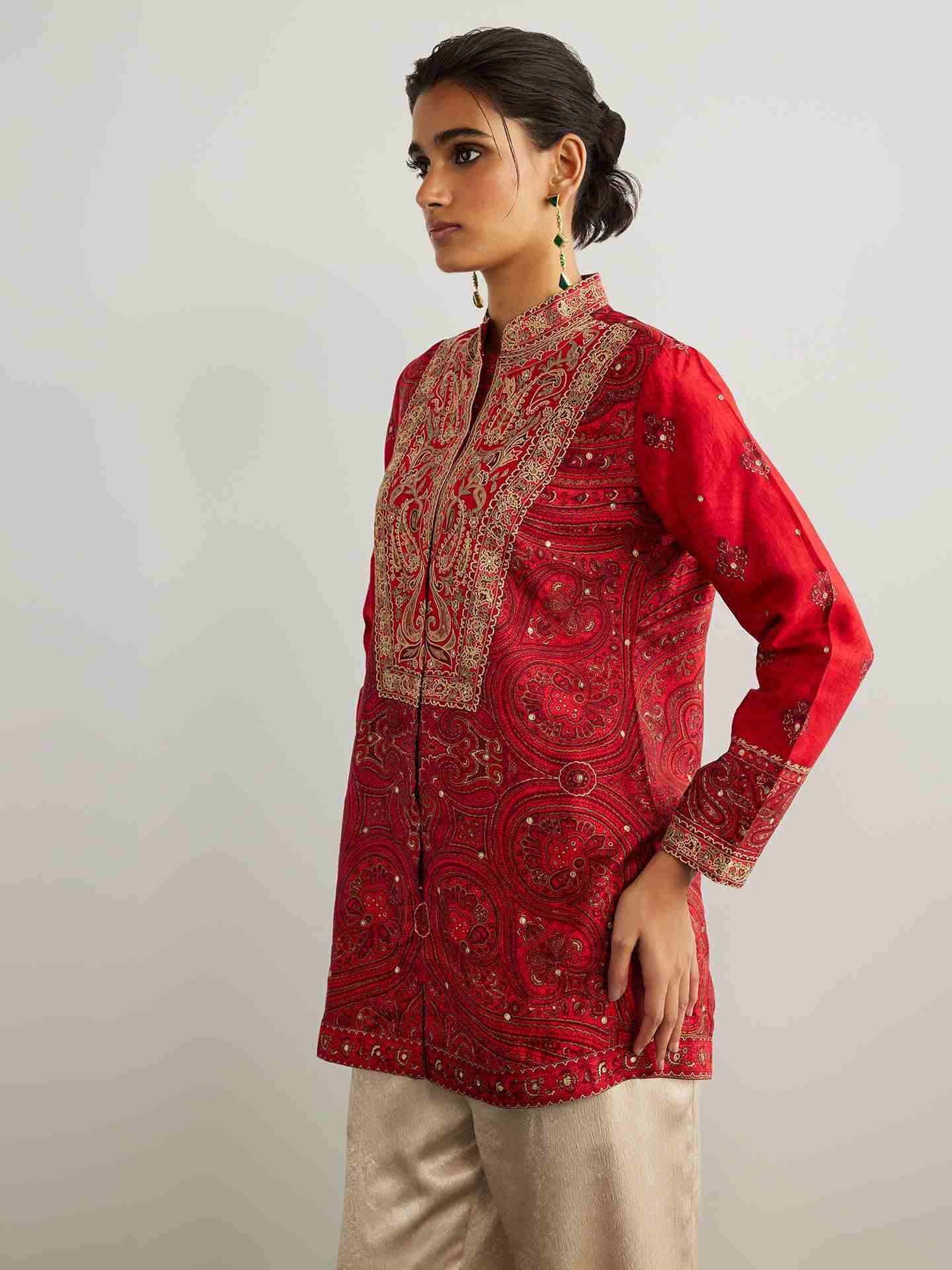 Red & Beige Brocade Jamawar Kurti