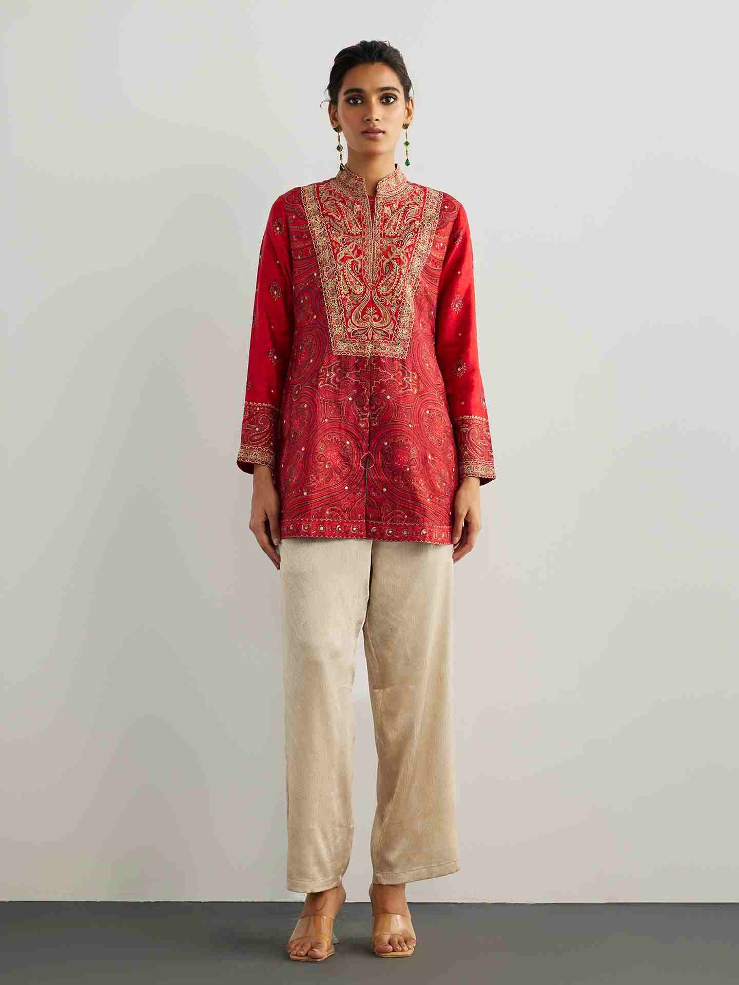 Red & Beige Brocade Jamawar Kurti