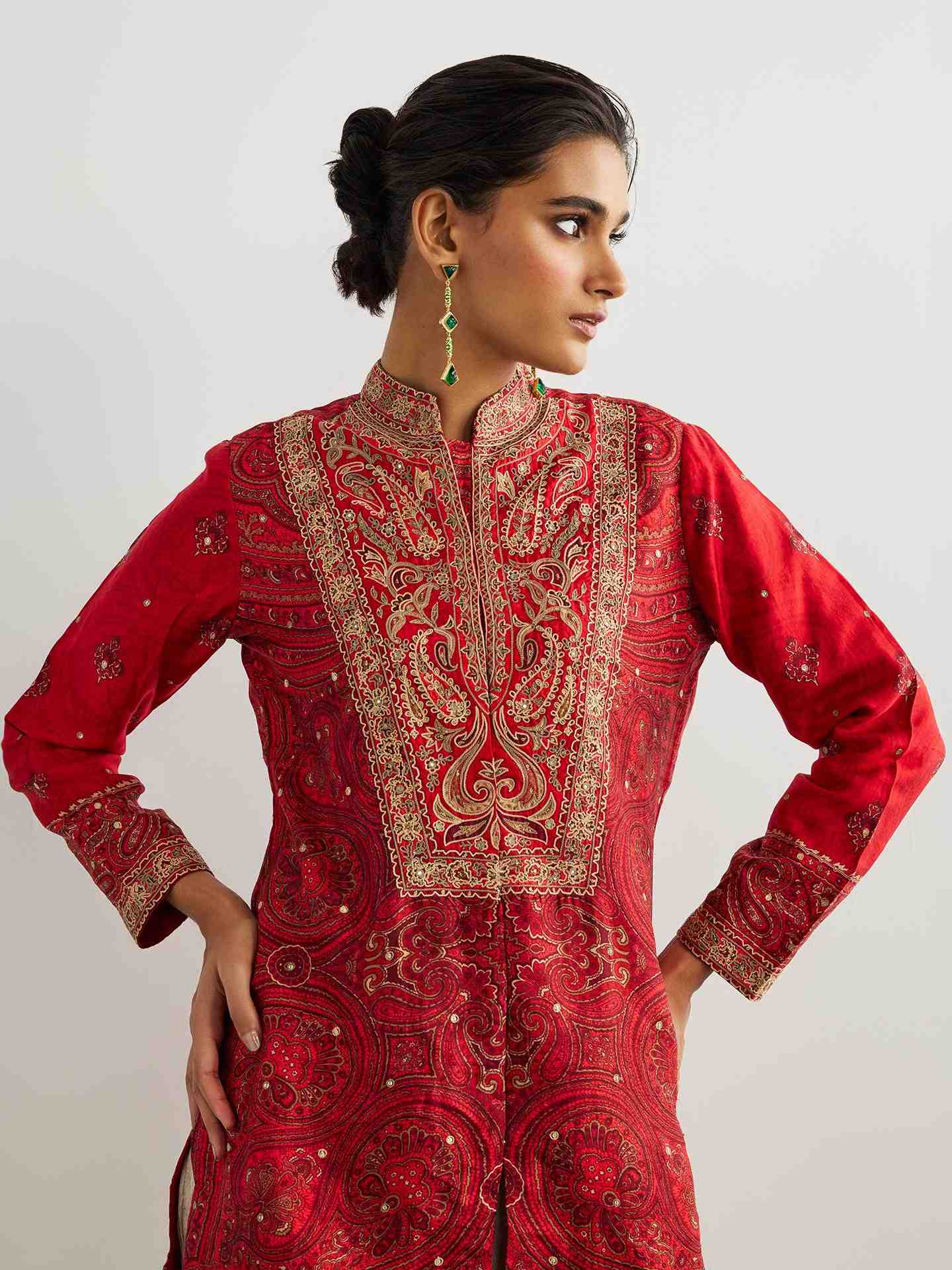 Red & Beige Brocade Jamawar Kurti