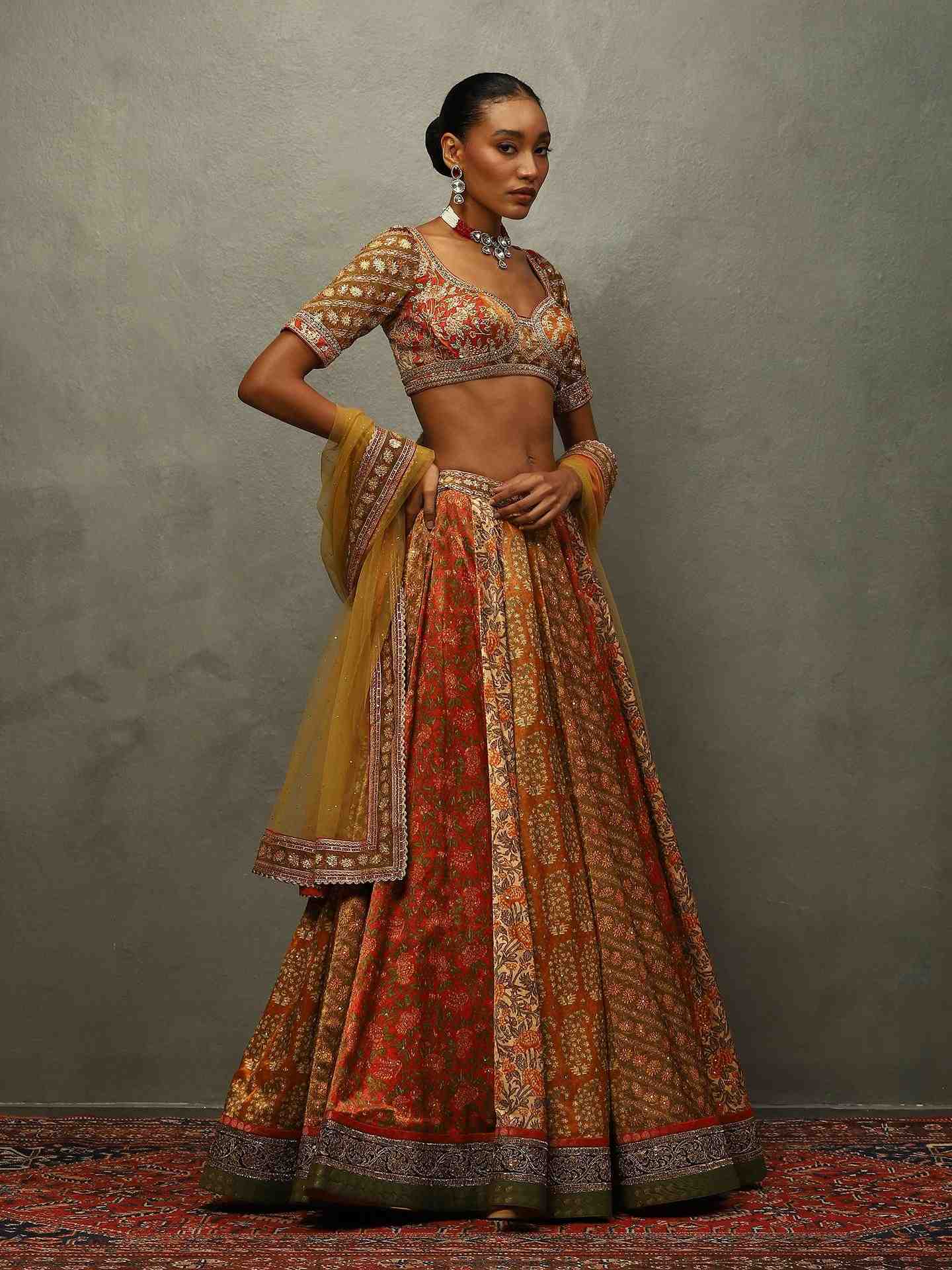 Rust & Multi Rushafi Lehenga Set
