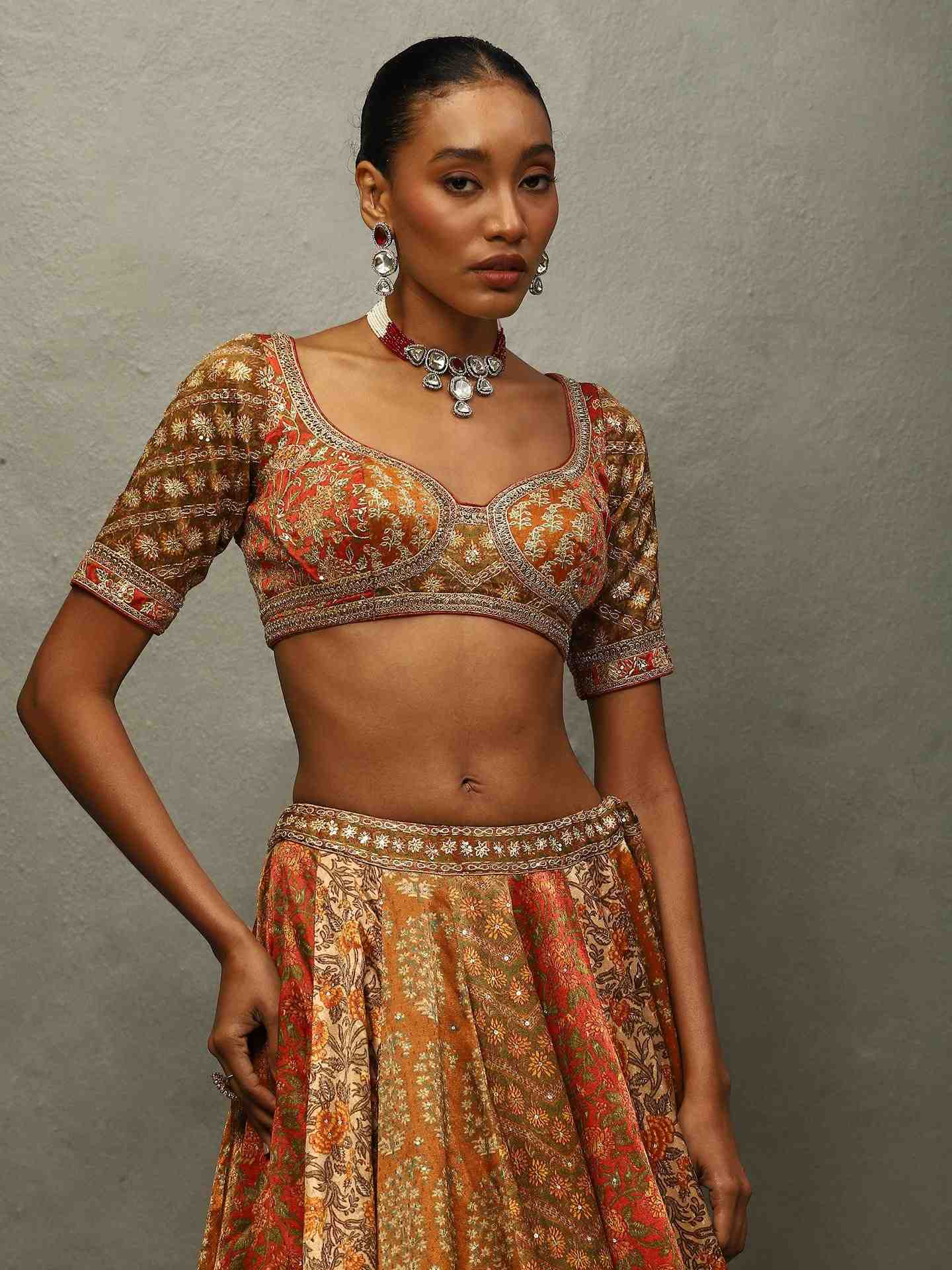 Rust & Multi Rushafi Lehenga Set