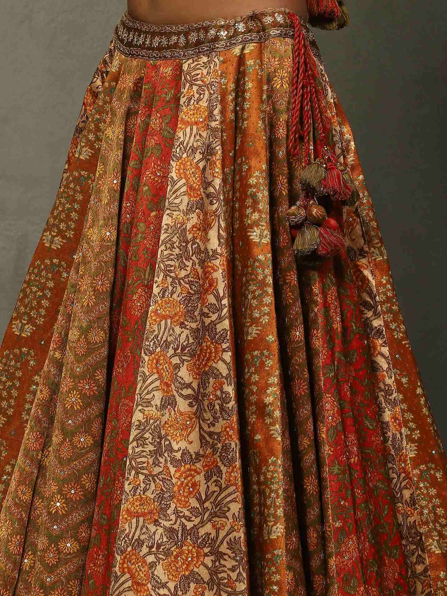 Rust & Multi Rushafi Lehenga Set