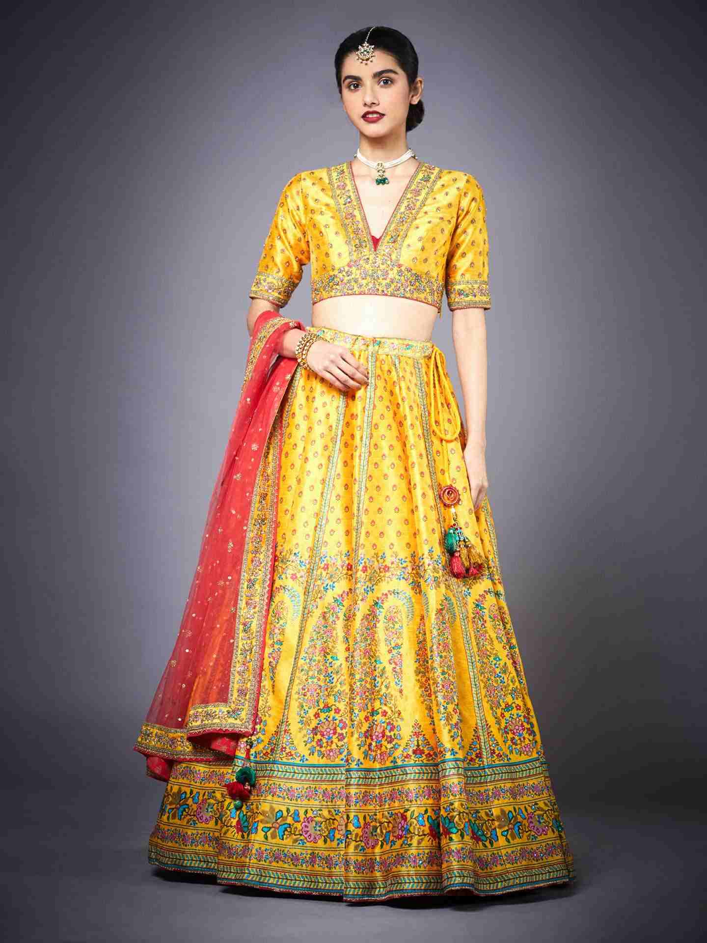 Fire Yellow & Peach Kesari Lehenga Set