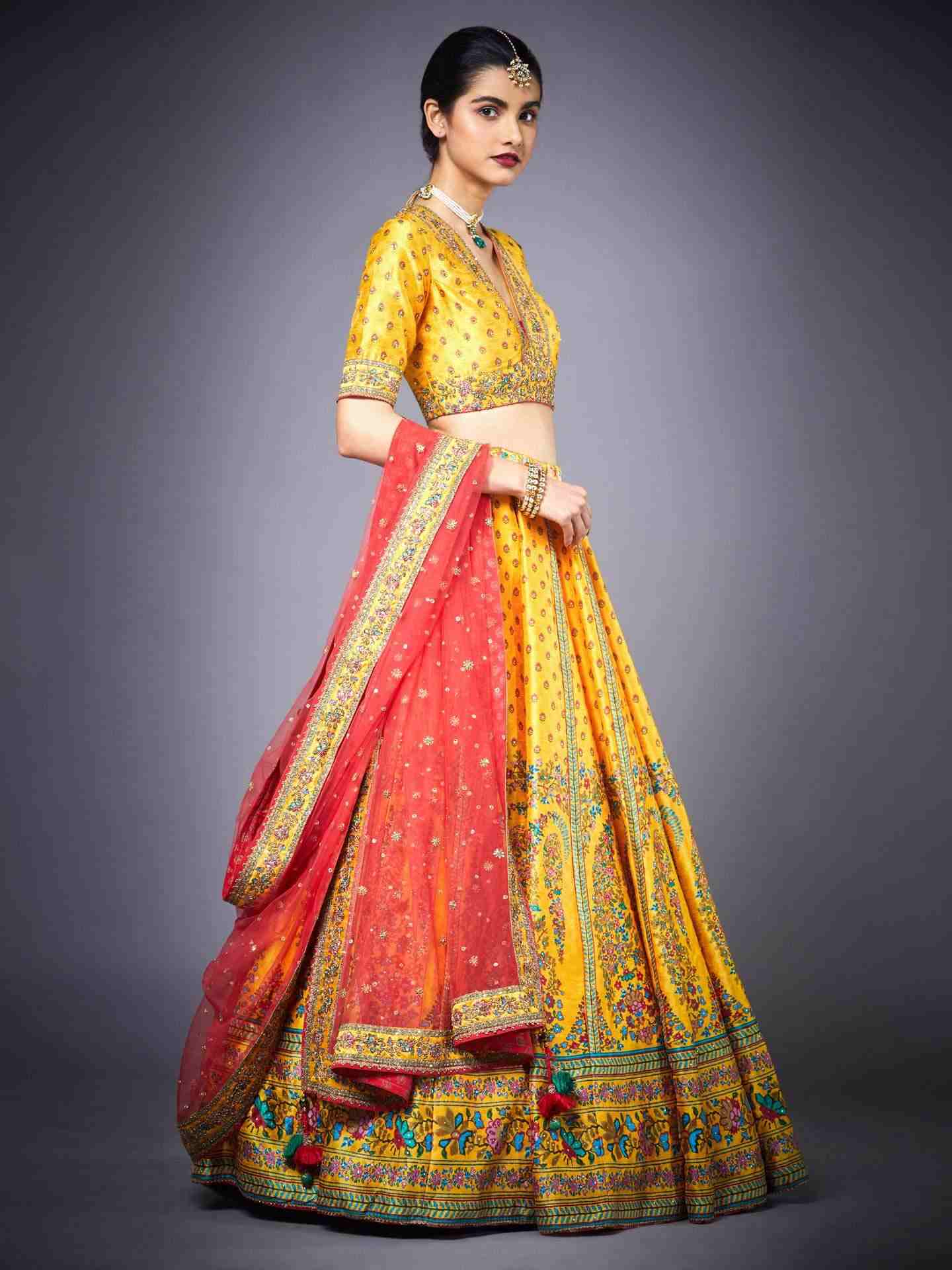 Fire Yellow & Peach Kesari Lehenga Set