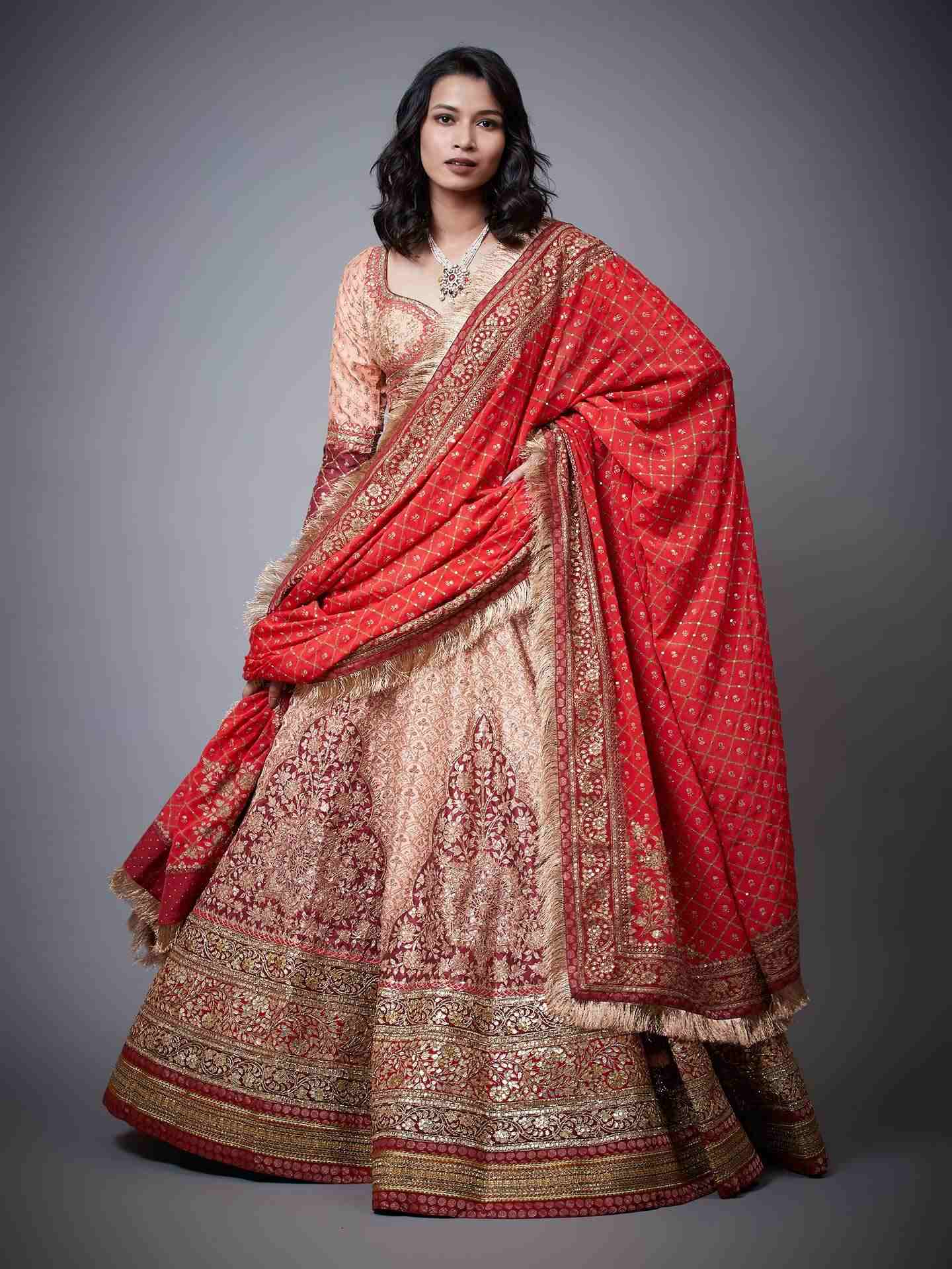 Peach & Burgundy Satnam Lehenga Set