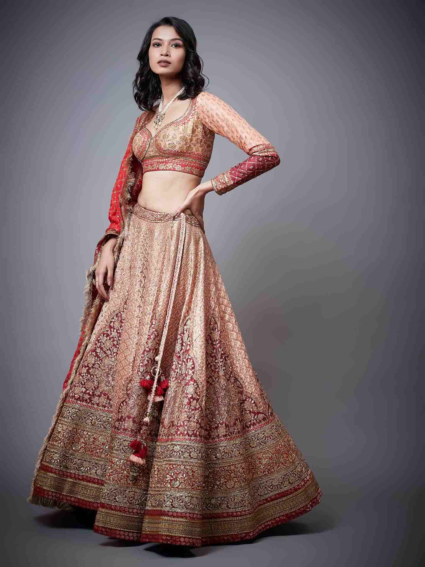 Peach & Burgundy Satnam Lehenga Set
