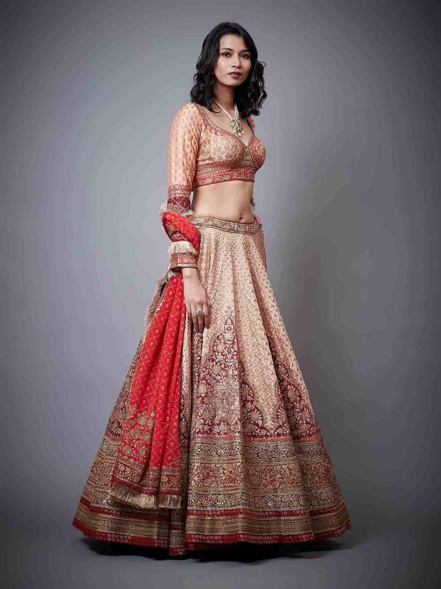 Peach & Burgundy Satnam Lehenga Set