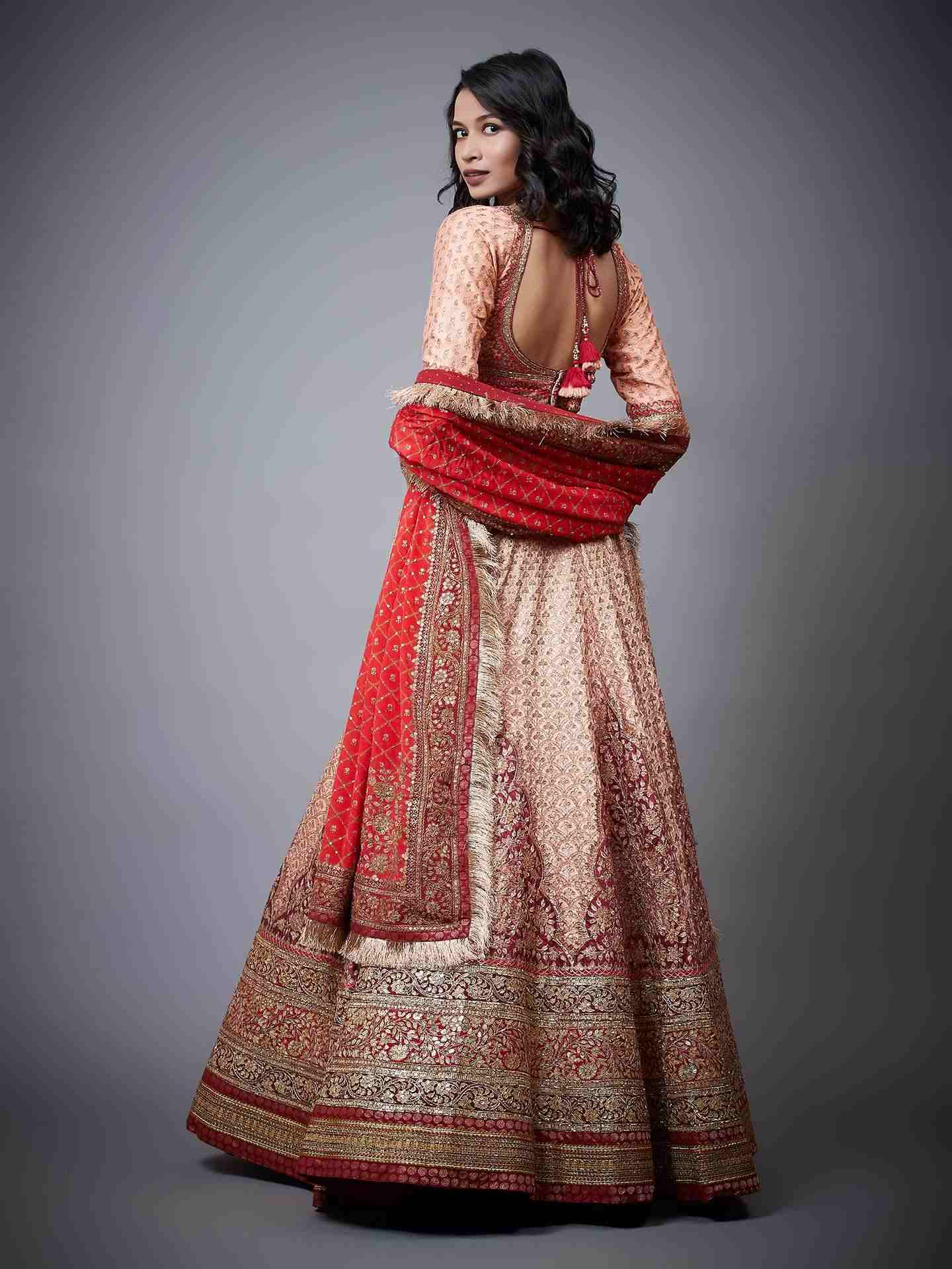 Peach & Burgundy Satnam Lehenga Set