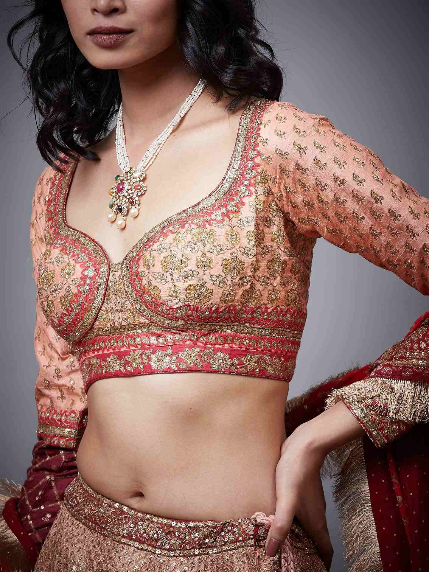 Peach & Burgundy Satnam Lehenga Set