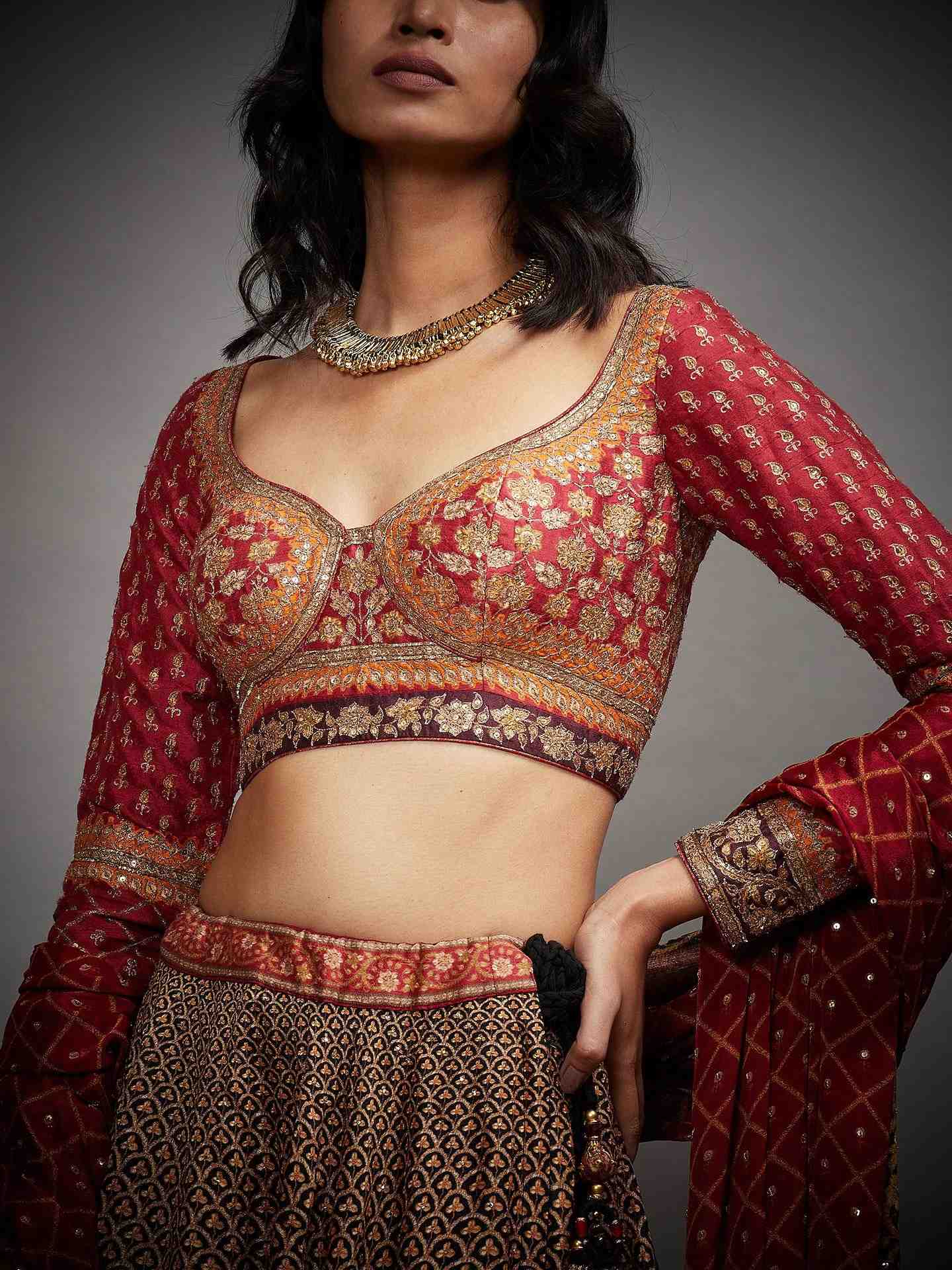 Black & Burgundy 	Satnam Lehenga Set