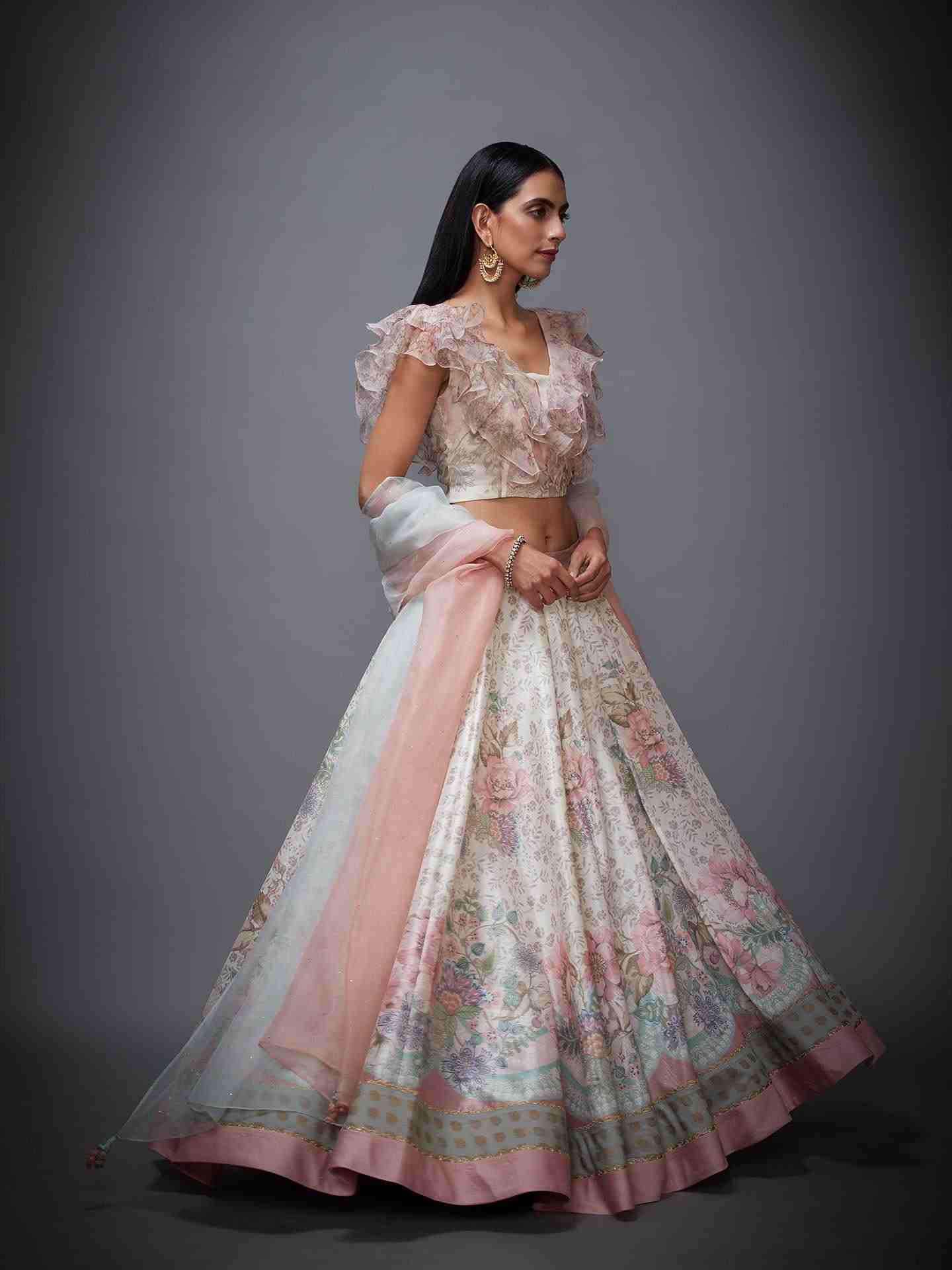 Off White & Pink Bengal Garden Lehenga Set