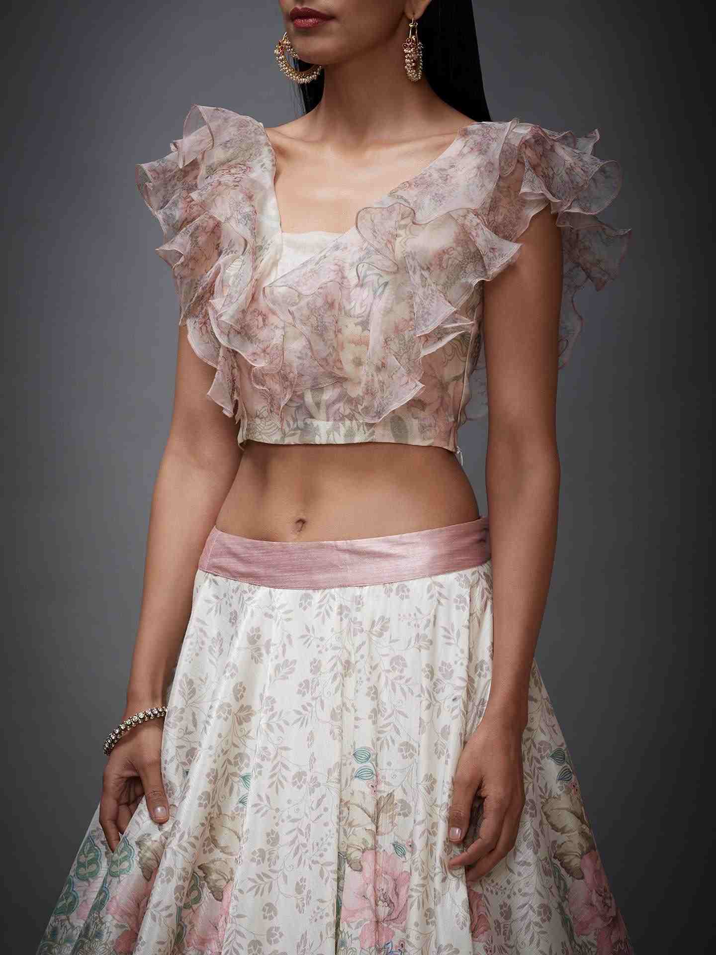 Off White & Pink Bengal Garden Lehenga Set