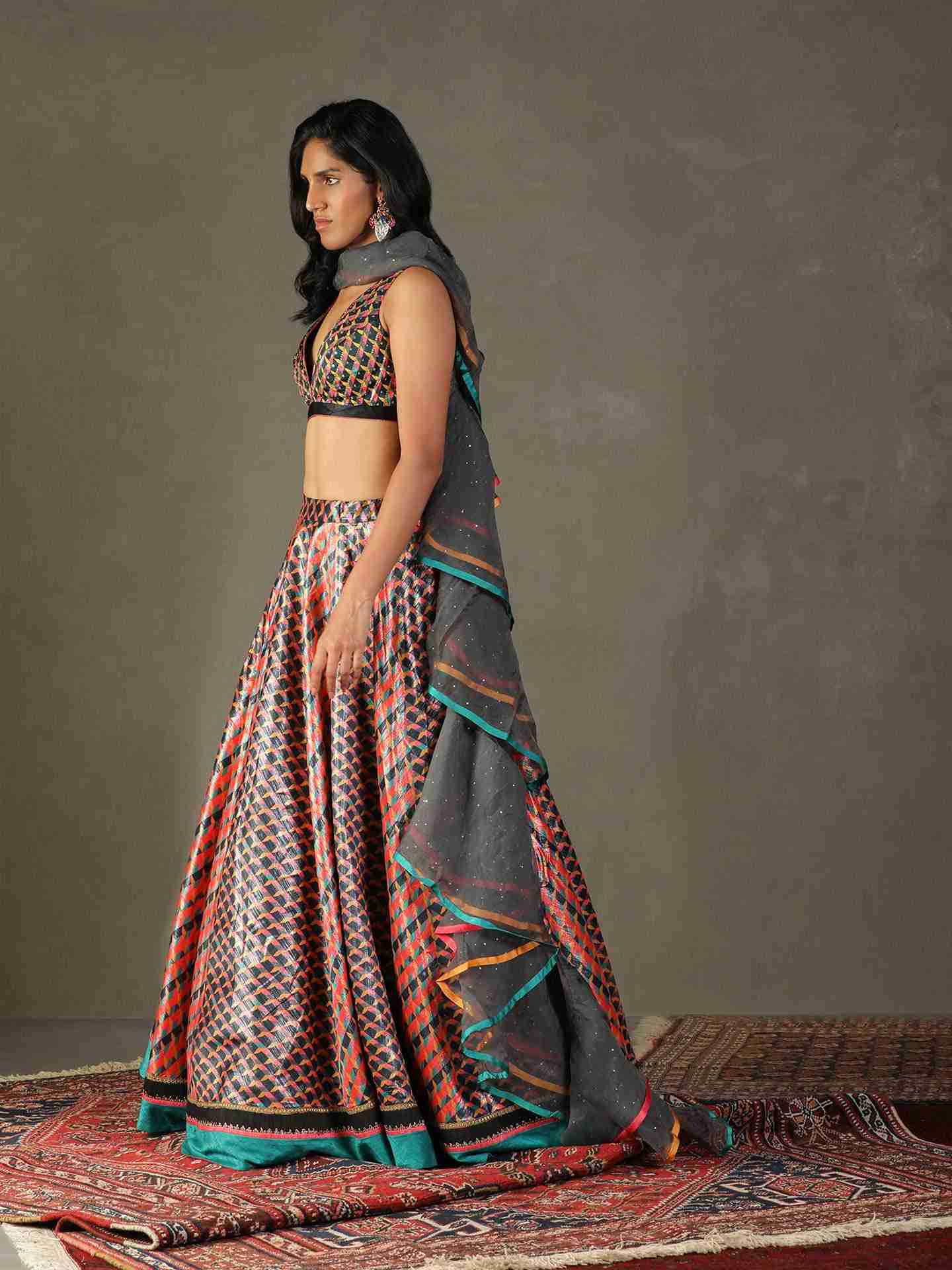 Black & Multi Kaleidoscope Lehenga Set