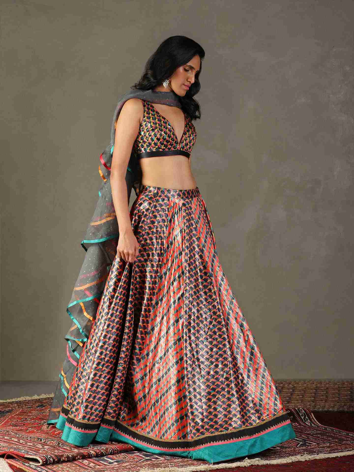 Black & Multi Kaleidoscope Lehenga Set