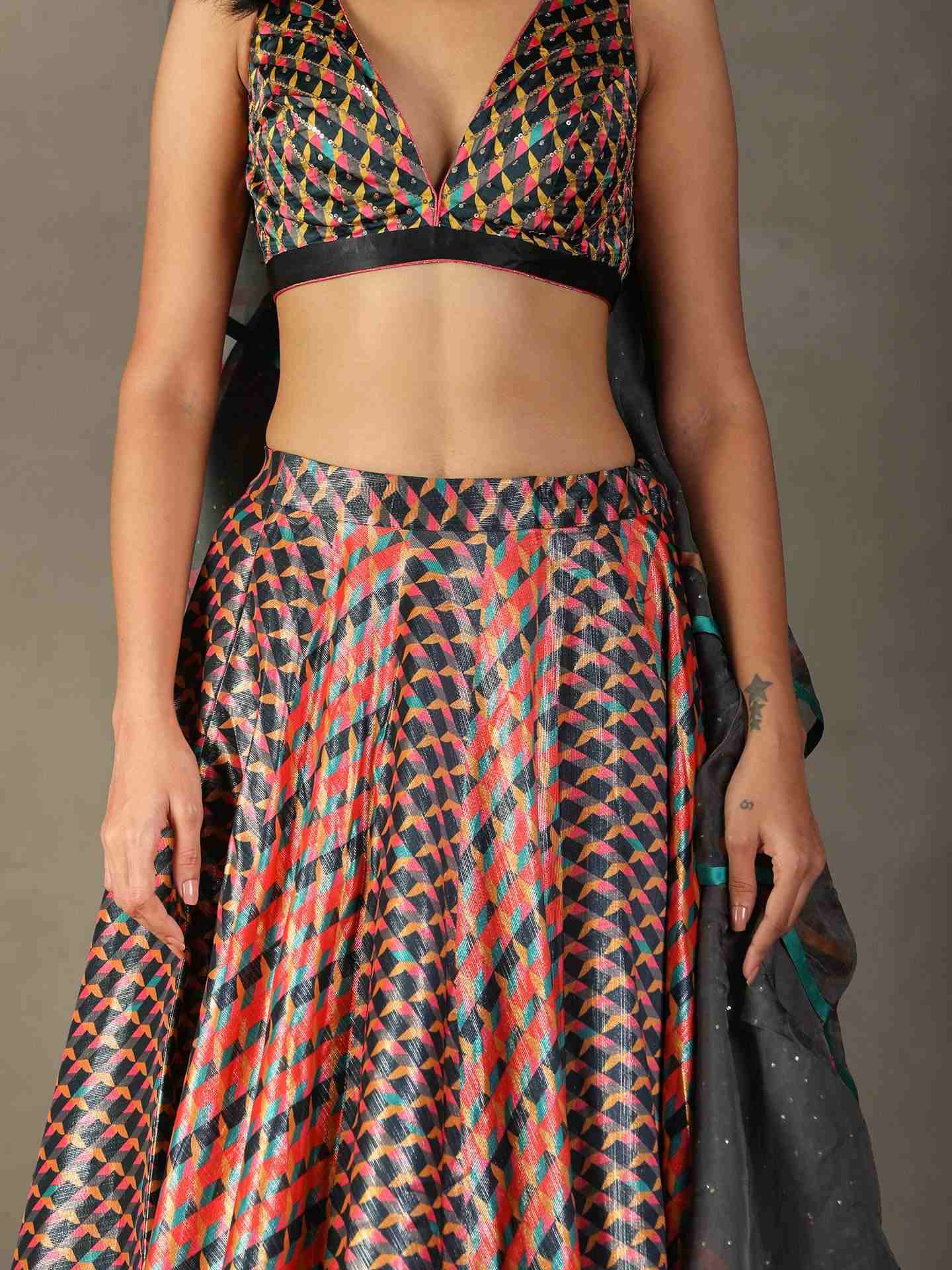 Black & Multi Kaleidoscope Lehenga Set