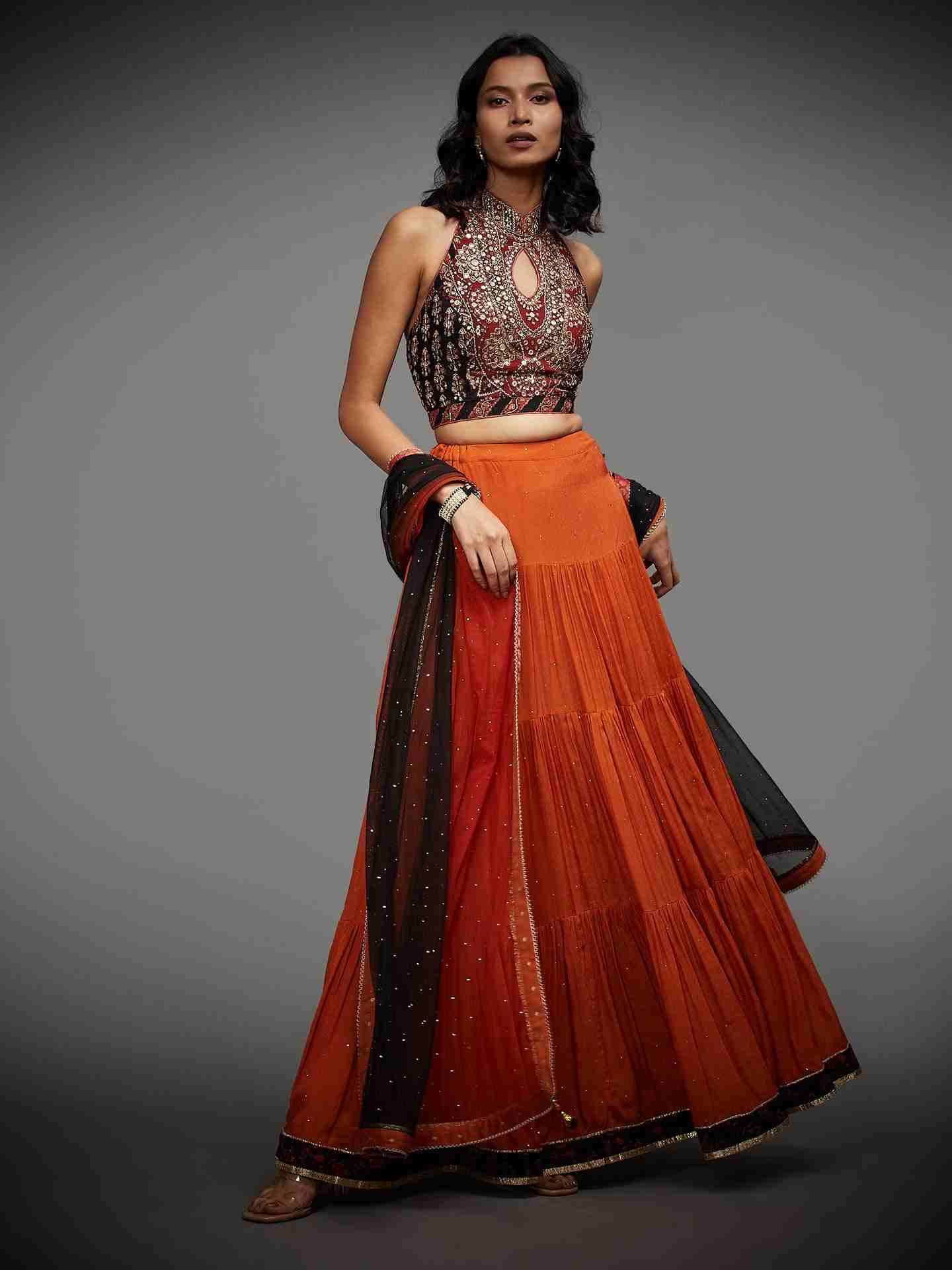 Rust & Black Cheepa Lehenga Set