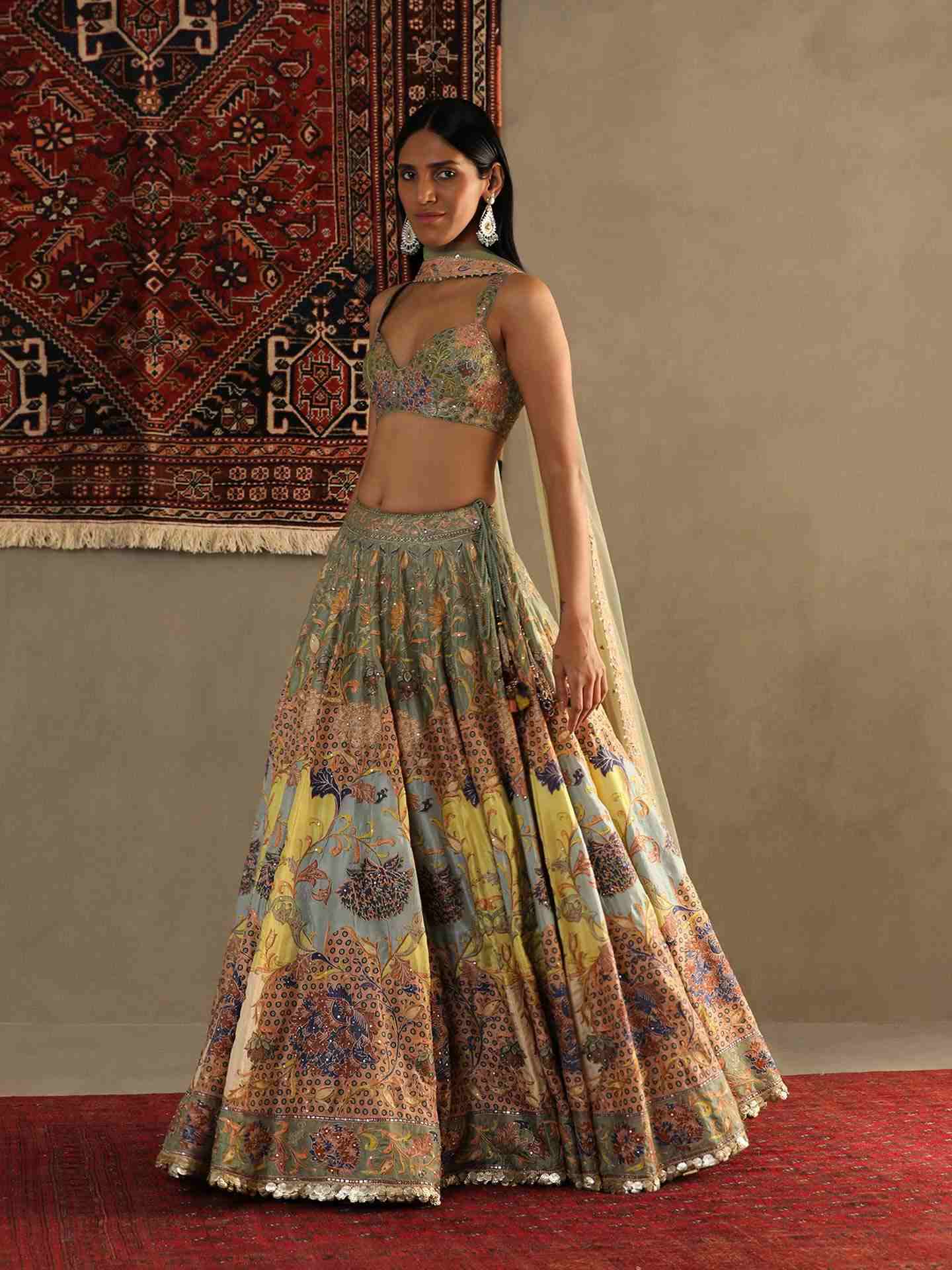 Smoke Green & Multi Calico Lehenga Set