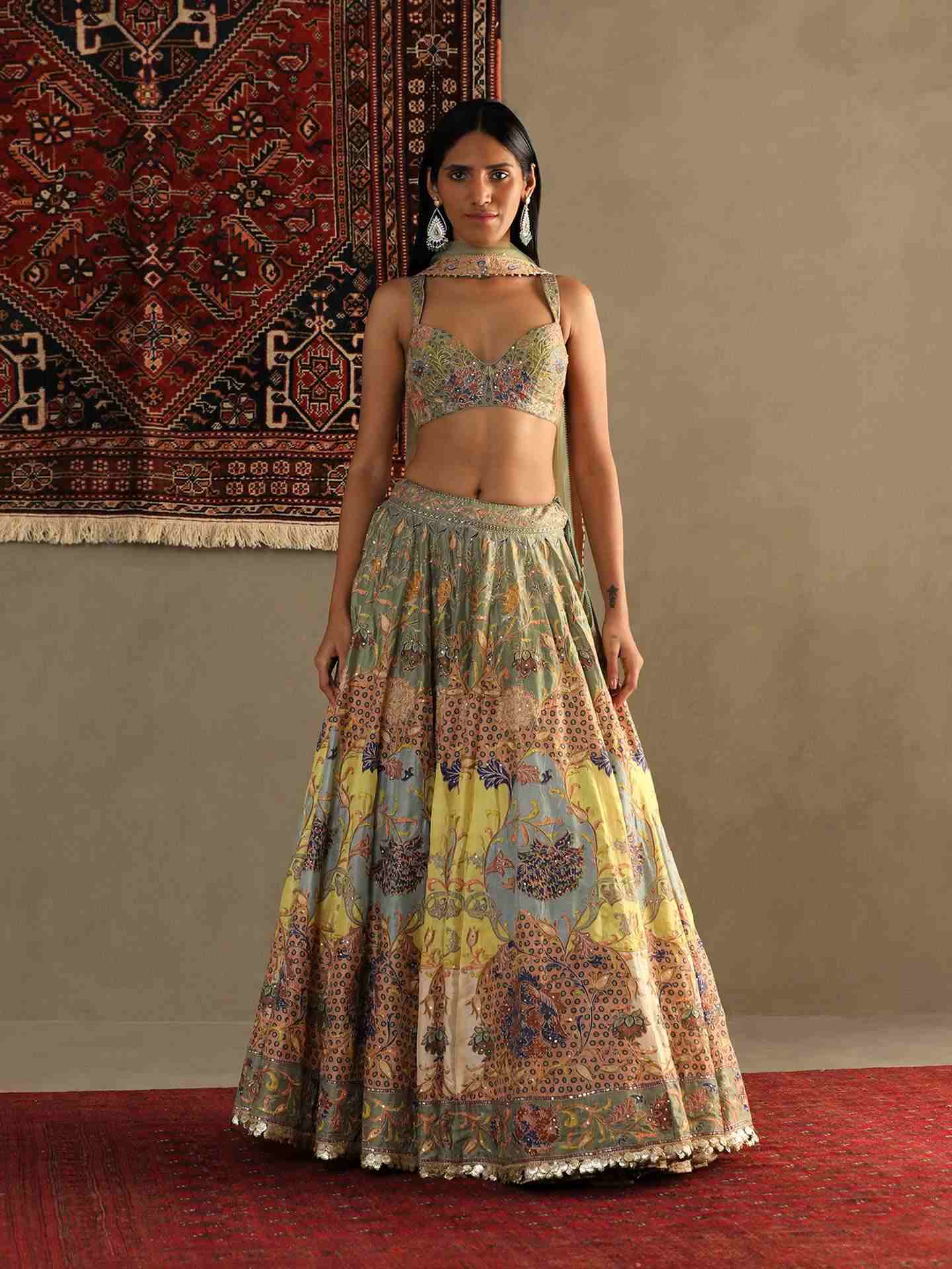 Smoke Green & Multi Calico Lehenga Set