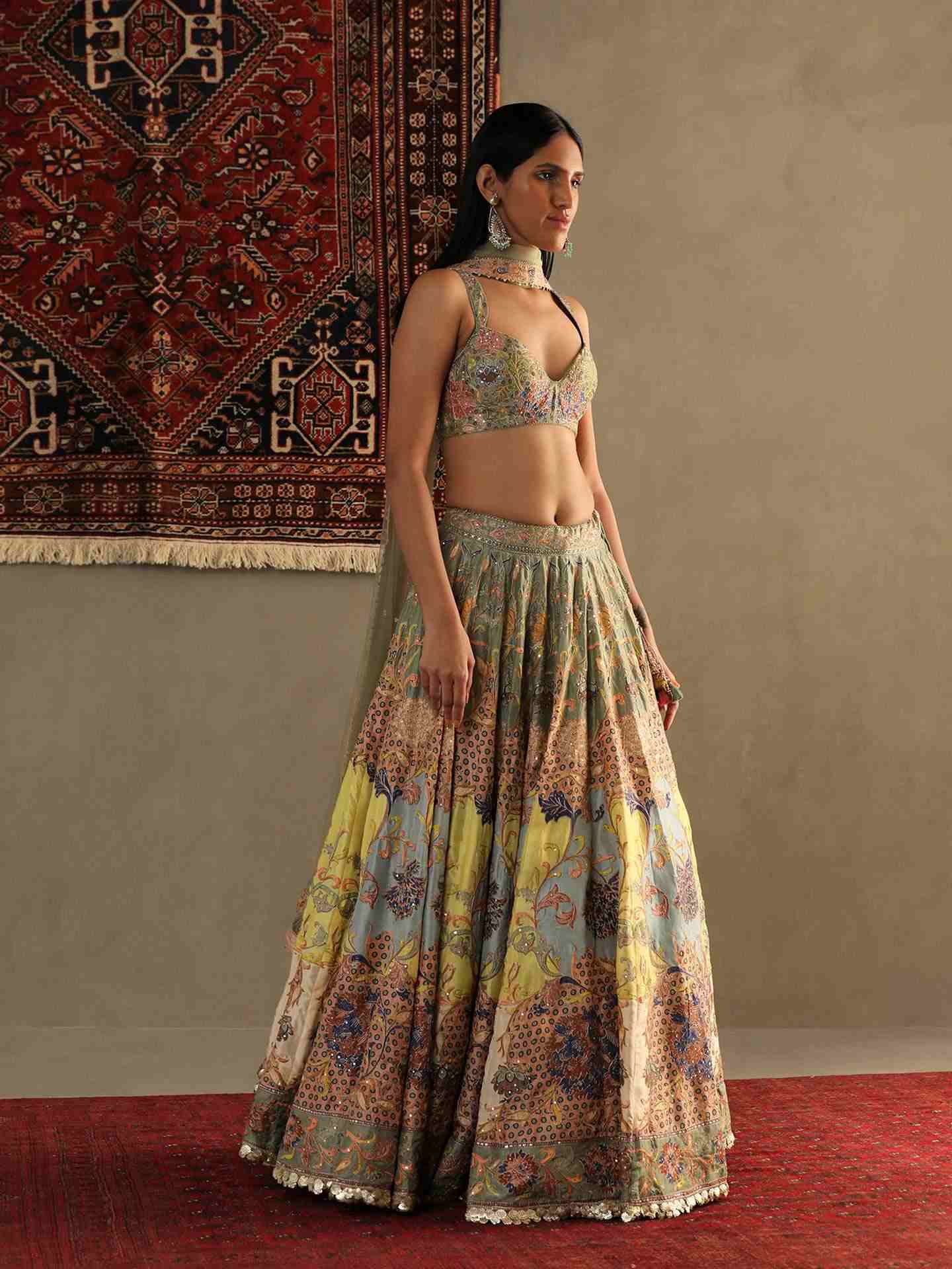 Smoke Green & Multi Calico Lehenga Set