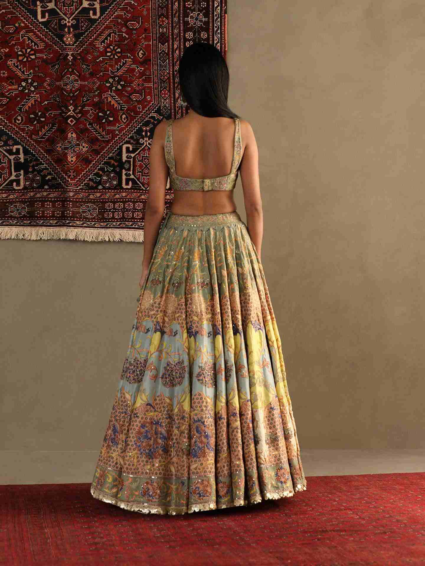 Smoke Green & Multi Calico Lehenga Set