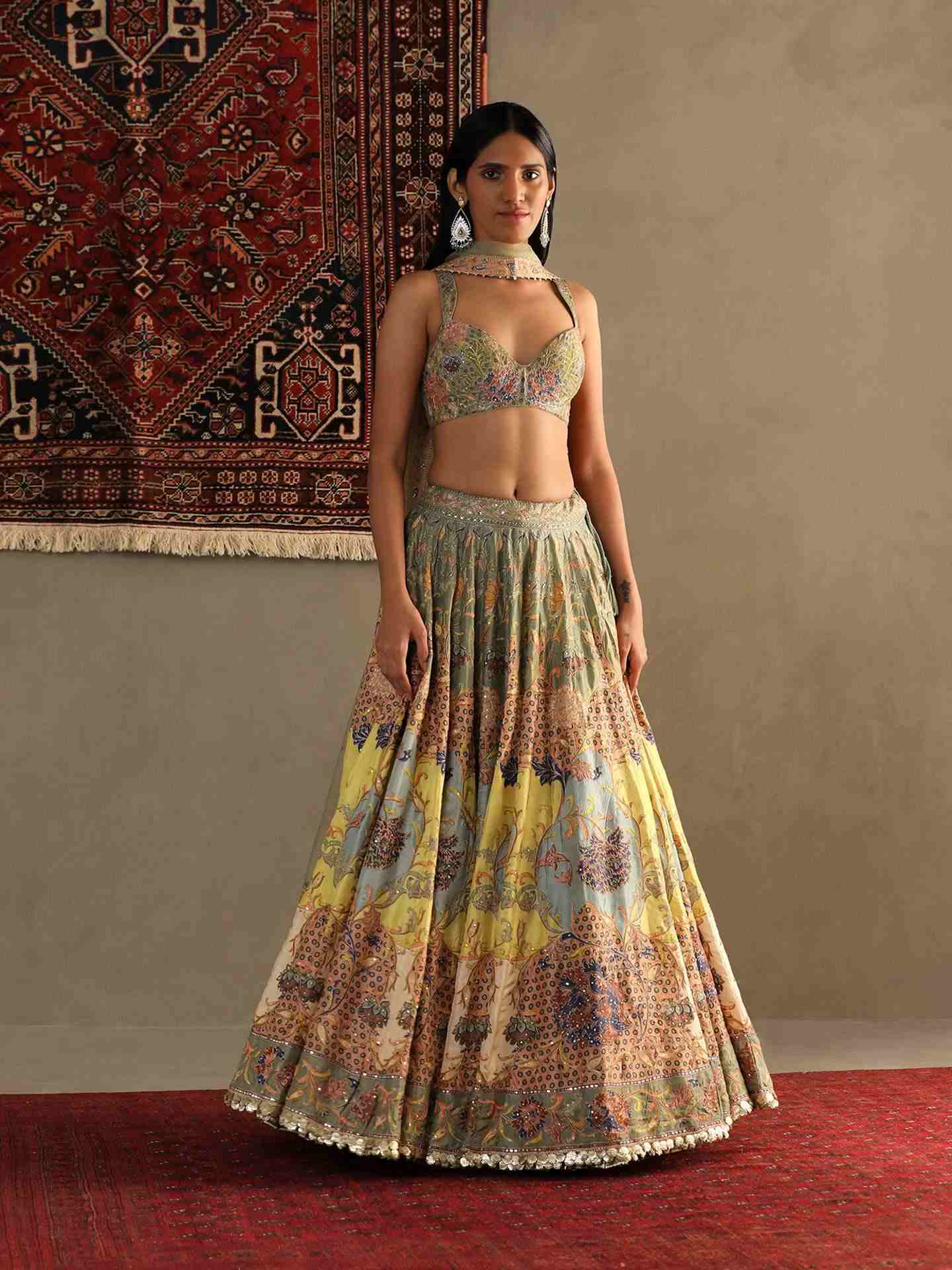 Smoke Green & Multi Calico Lehenga Set