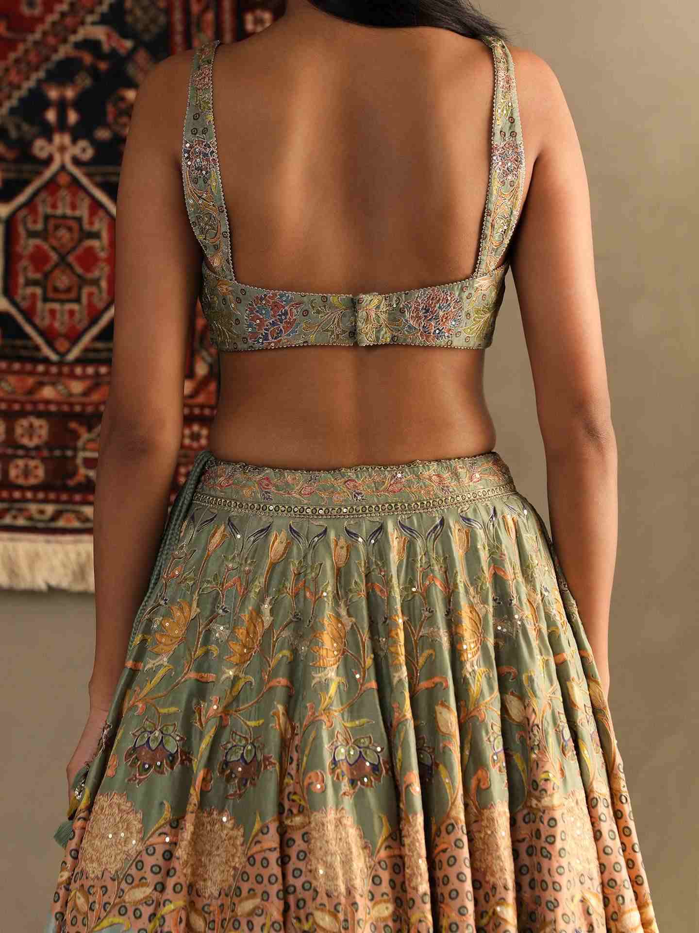 Smoke Green & Multi Calico Lehenga Set