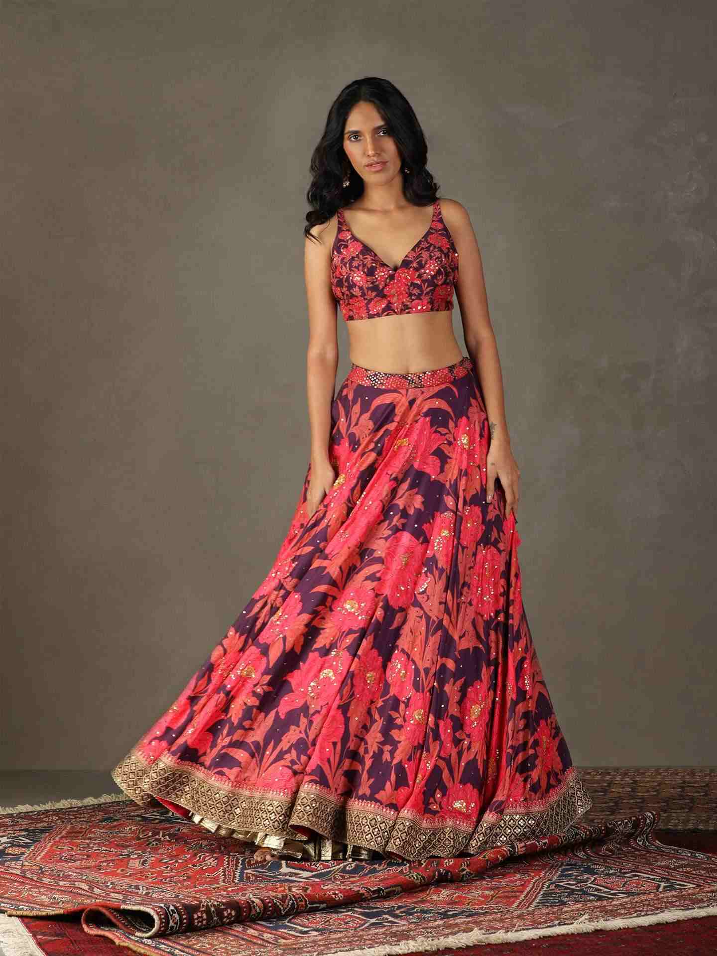 Aubergine & Pink Bella Floral Lehenga Set